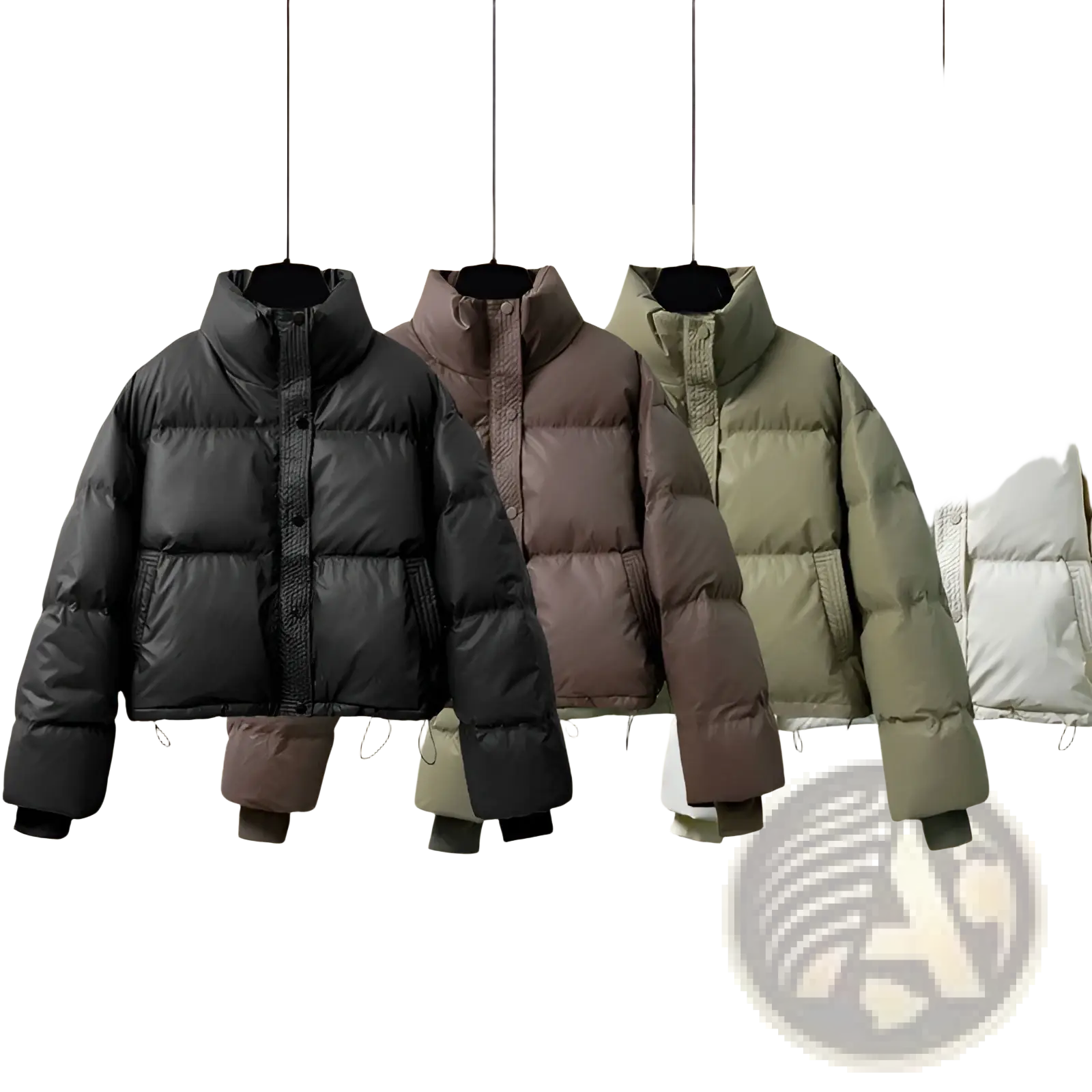 Women’s quilted puffer jackets in black brown olive green and white hanging on hangers displaying front views