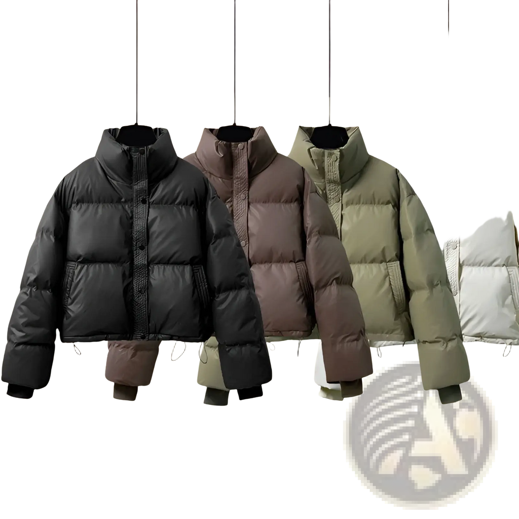 Women’s quilted puffer jackets in black brown olive green and white hanging on hangers displaying front views