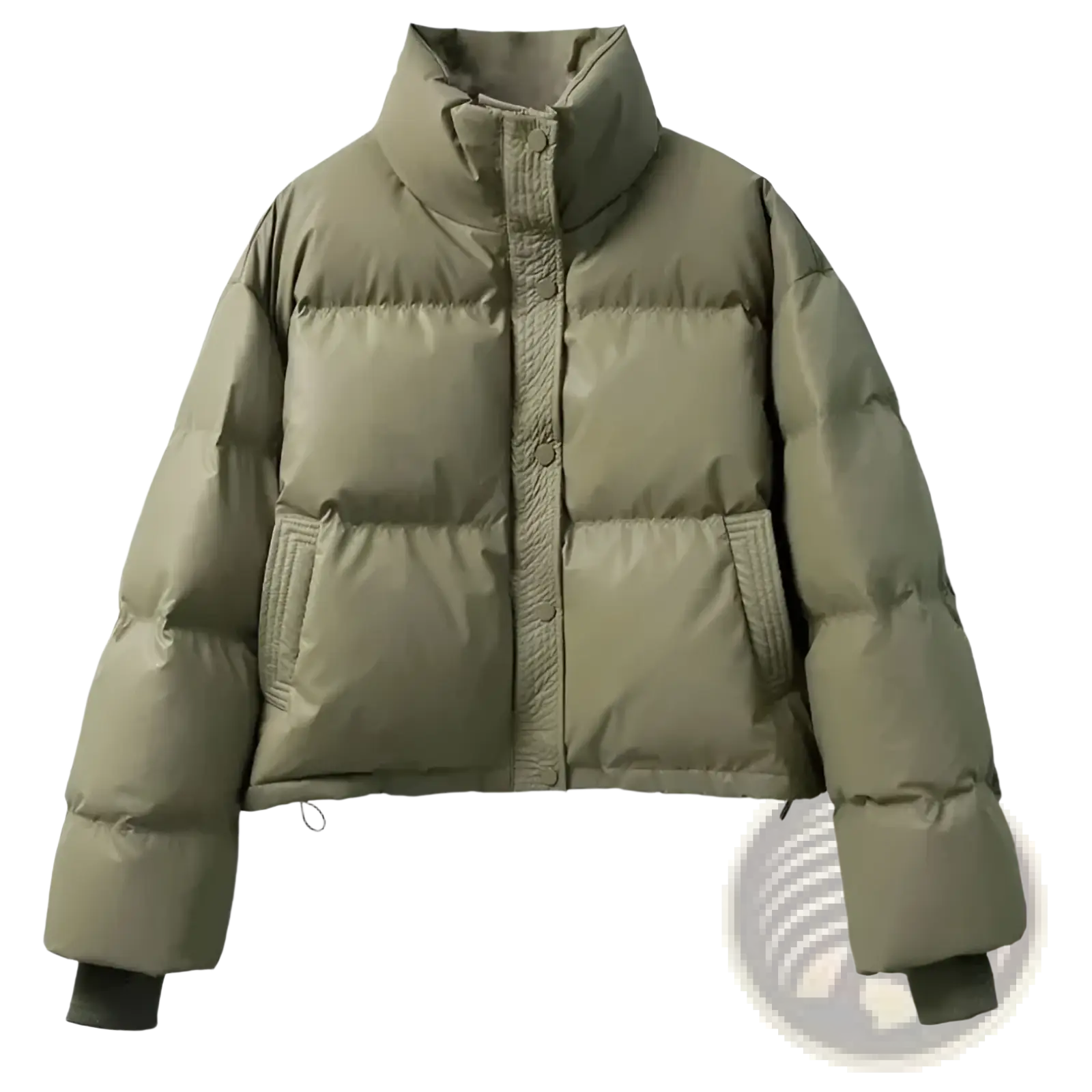 Women’s quilted puffer jacket in olive green with a high collar, quilted design, and front button closure