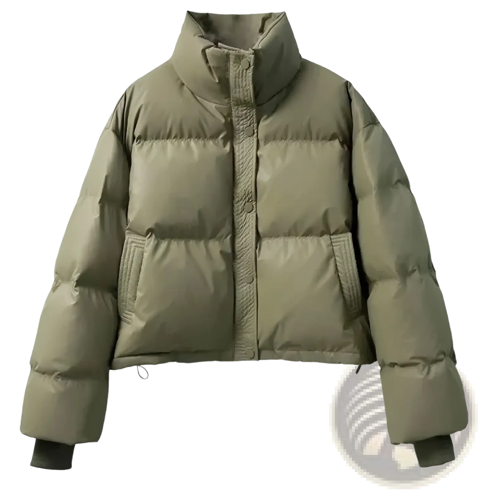 Women’s quilted puffer jacket in olive green with a high collar, quilted design, and front button closure