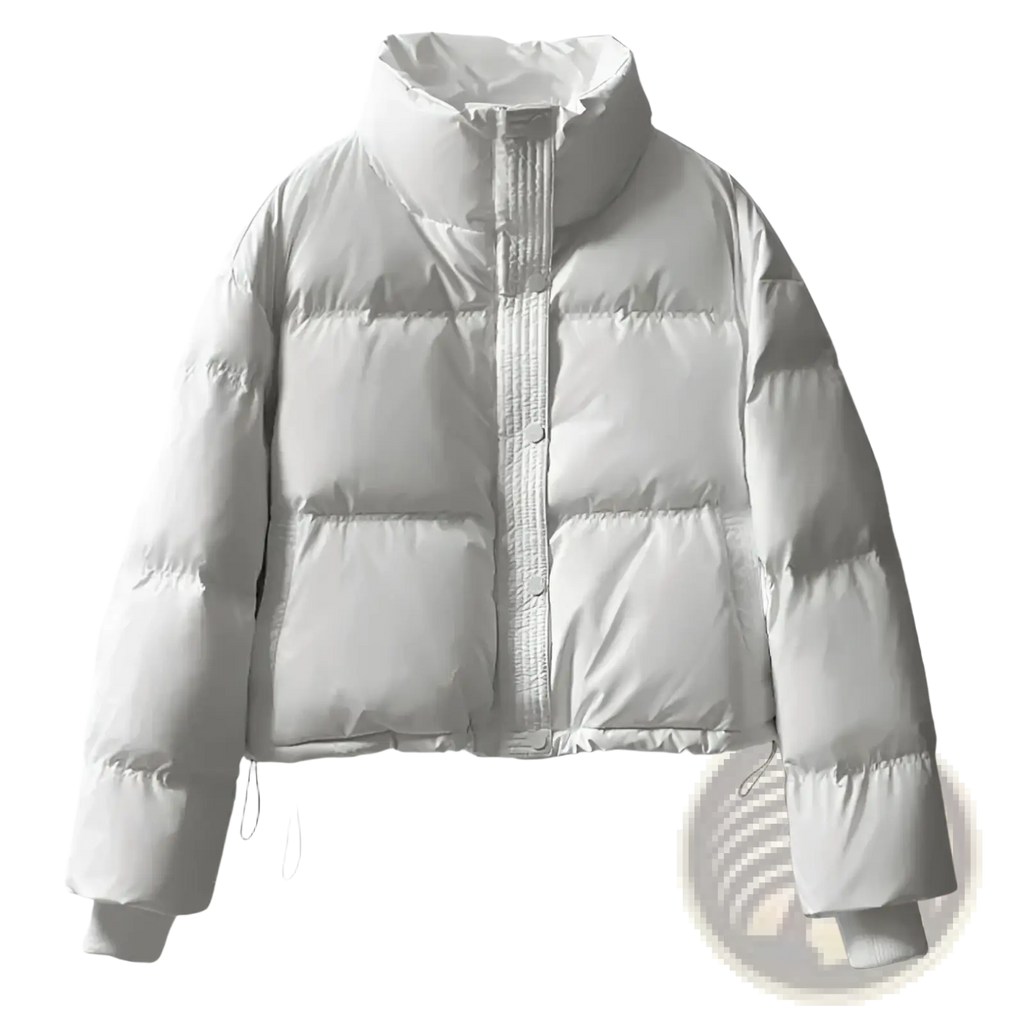 A sleek silver-gray women’s quilted puffer jacket with high collar and insulated design for cold weather