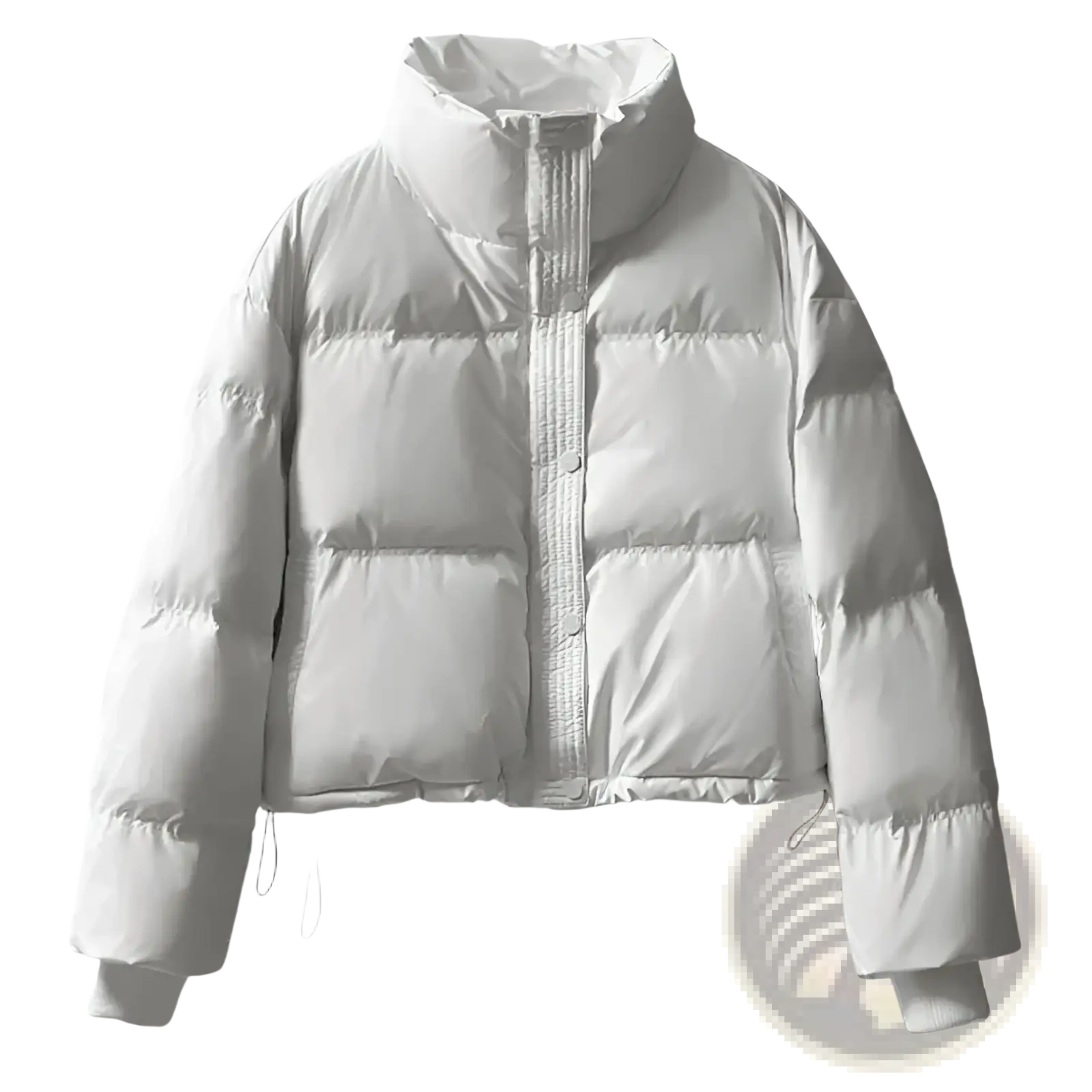 A sleek silver-gray women’s quilted puffer jacket with high collar and insulated design for cold weather