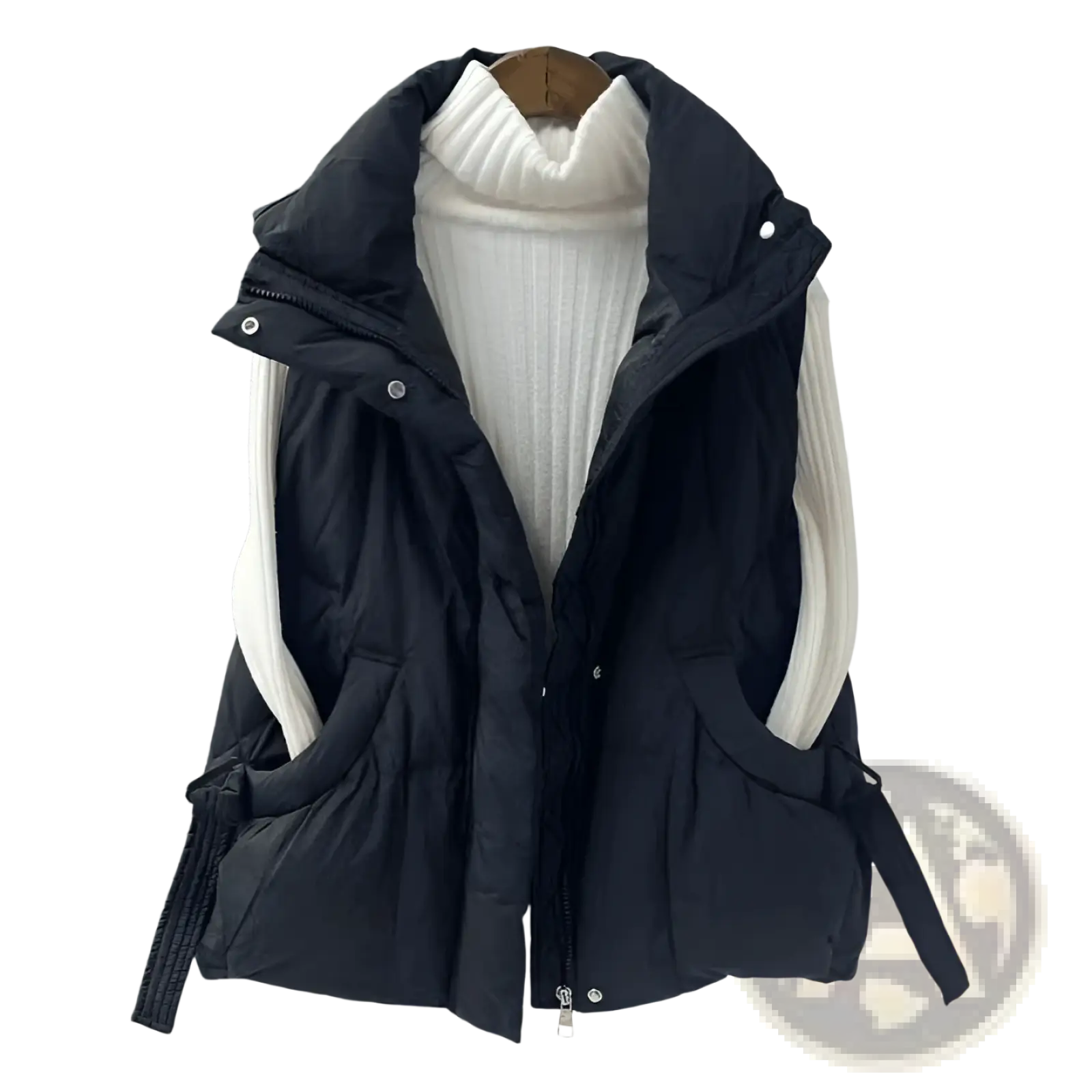 Women’s quilted black puffer vest plus size outerwear with hood front zipper and side pockets