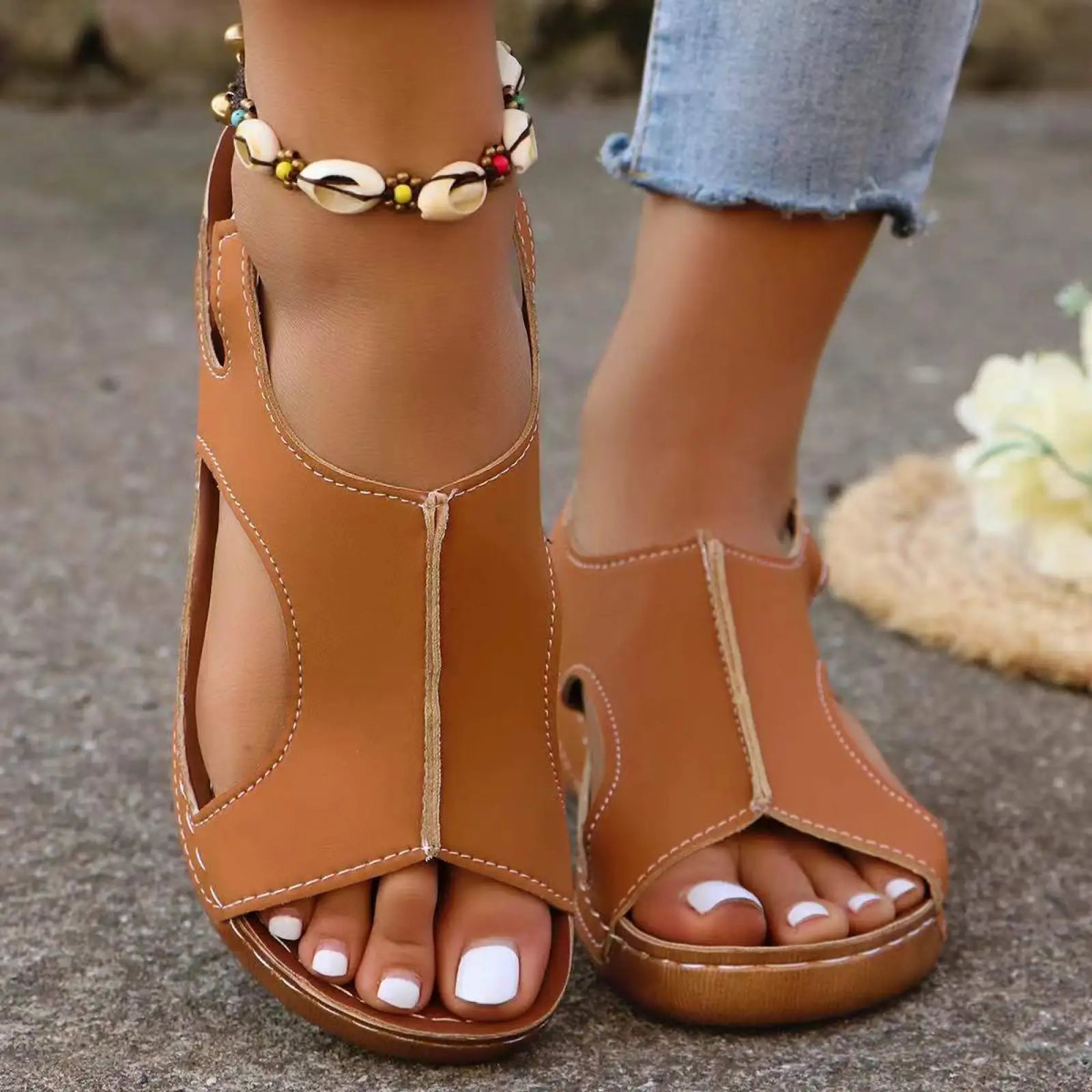 Tan recycled leather wedge sandals for women with elastic straps cutout details and white stitching for summer wear