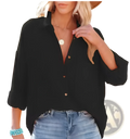 Women’s relaxed fit black blouse with dropped shoulders three-quarter sleeves and v-neckline button-up front