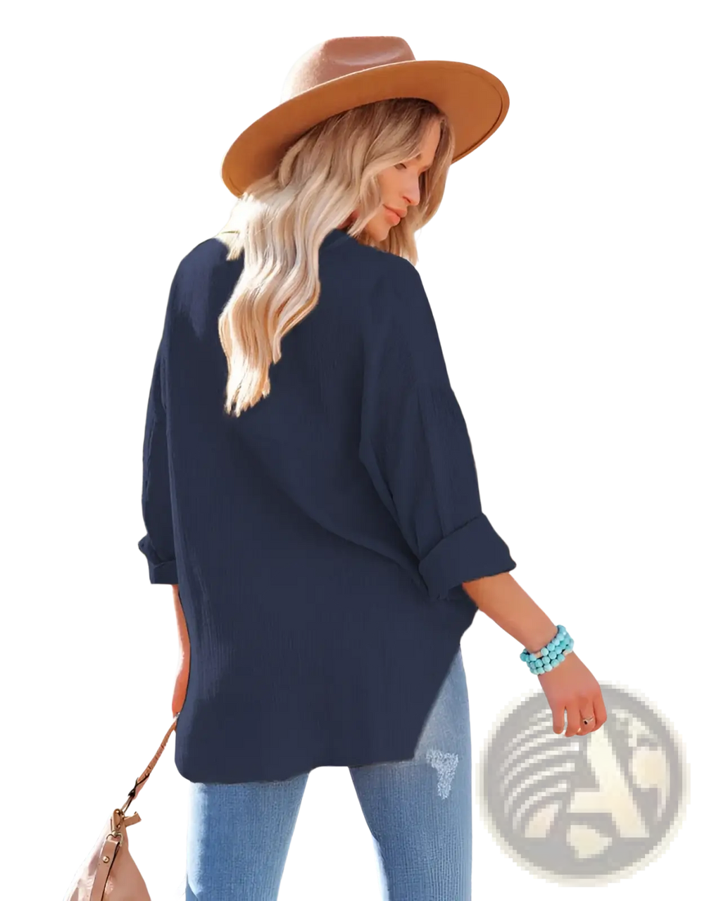 Navy blue loose-fitting blouse for women with rolled-up sleeves and relaxed fit dropped shoulder design