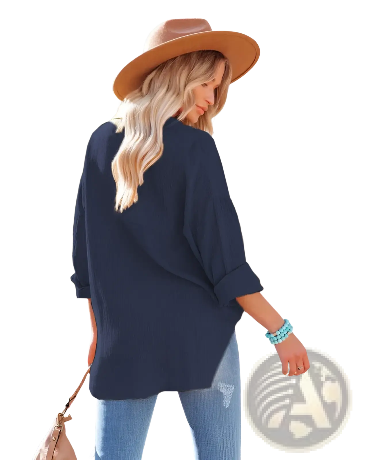 Navy blue loose-fitting blouse for women with rolled-up sleeves and relaxed fit dropped shoulder design