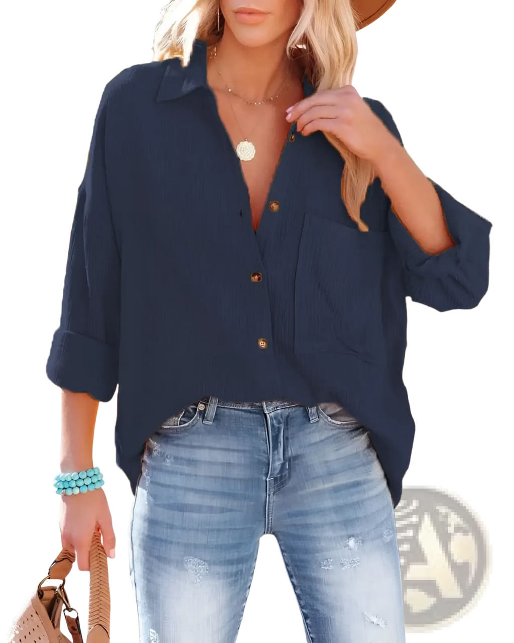 Navy blue women’s relaxed fit button up shirt with rolled sleeves and single chest pocket perfect for casual wear