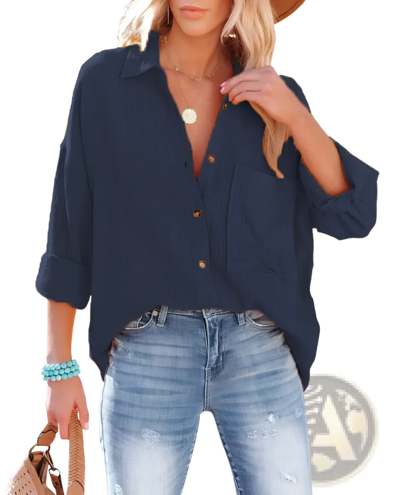 Navy blue women’s relaxed fit button up shirt with rolled sleeves and single chest pocket perfect for casual wear