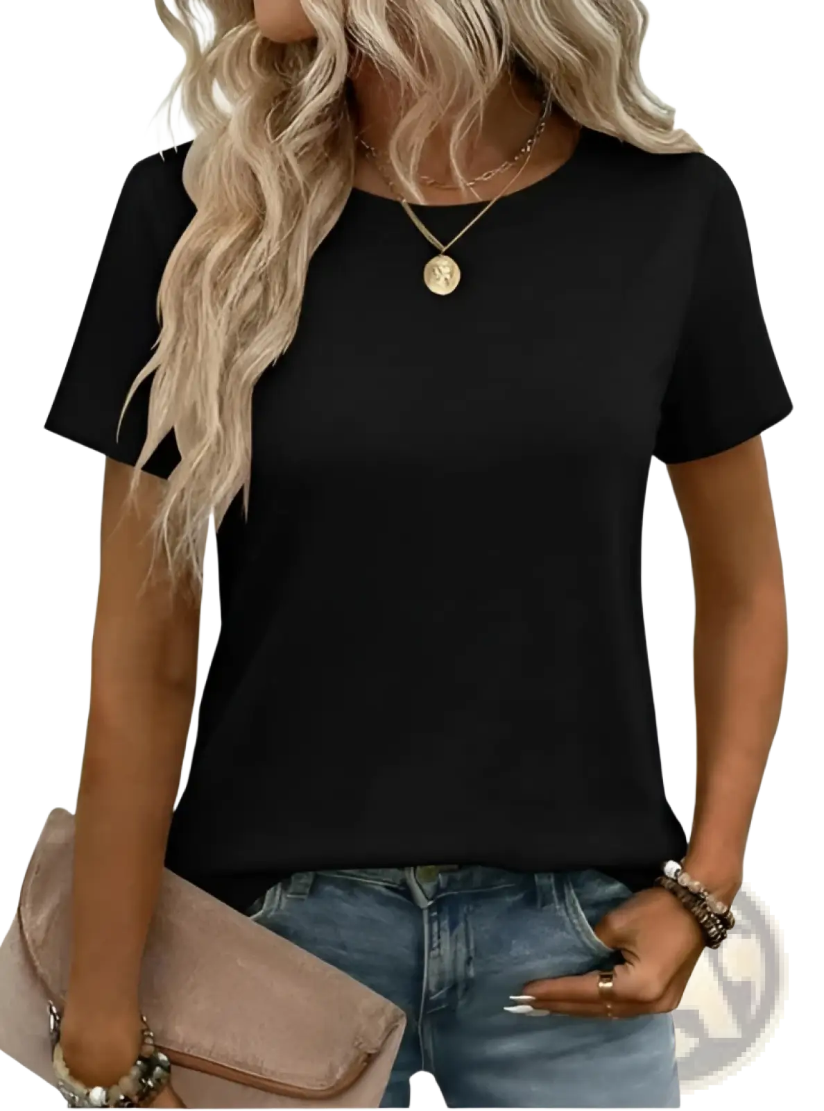 Black short-sleeved cotton t-shirt with a relaxed fit and simple round neckline for women minimalist style