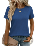 Women’s relaxed fit korean minimalist blue cotton t-shirt with short sleeves and round neckline