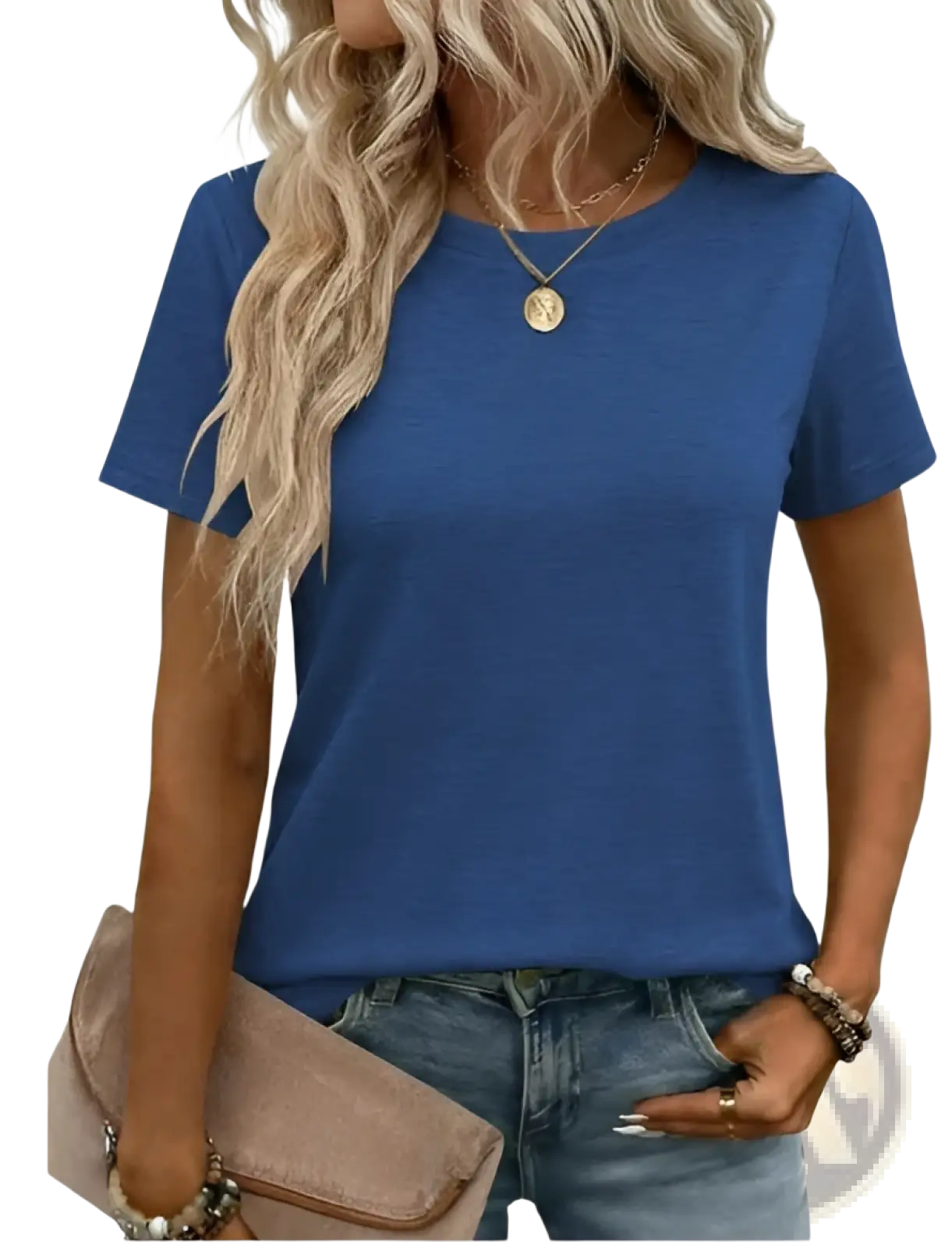 Women’s relaxed fit korean minimalist blue cotton t-shirt with short sleeves and round neckline