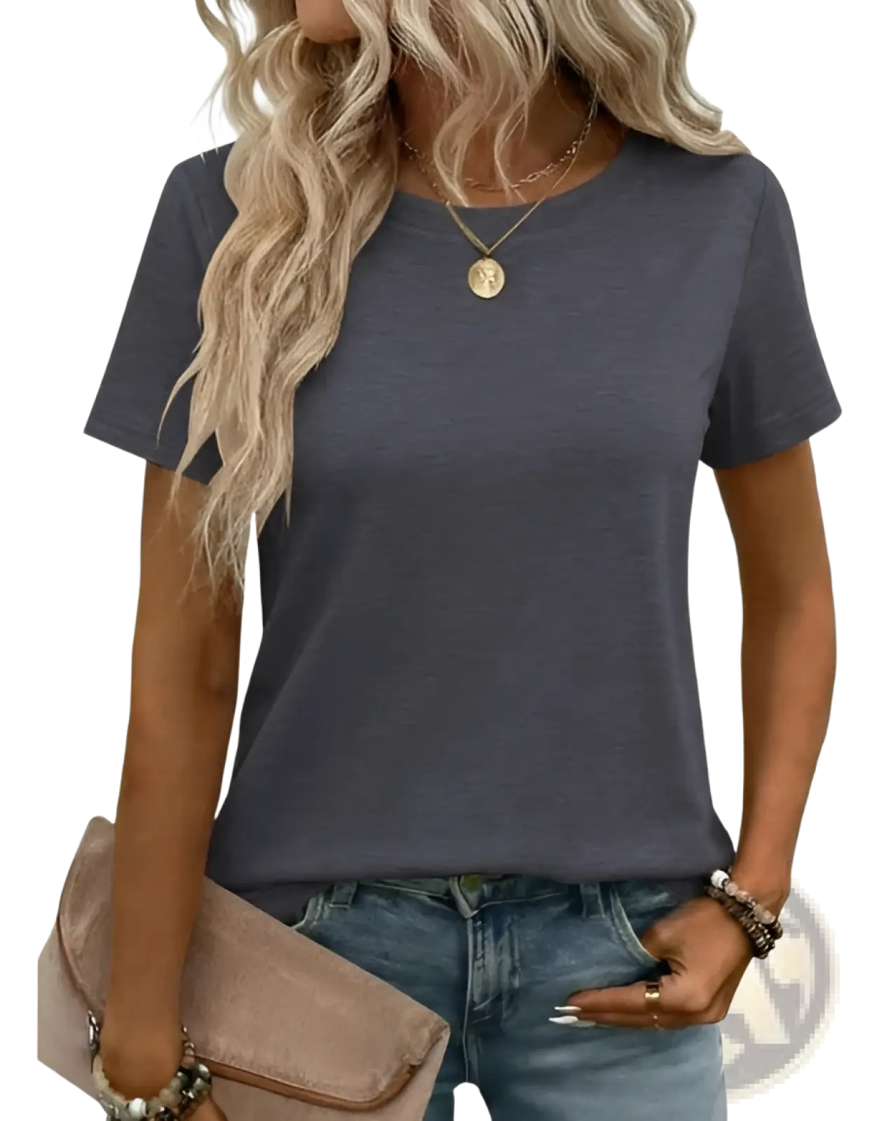 A dark gray women’s relaxed fit cotton t-shirt with short sleeves and a simple round neckline in minimalist style