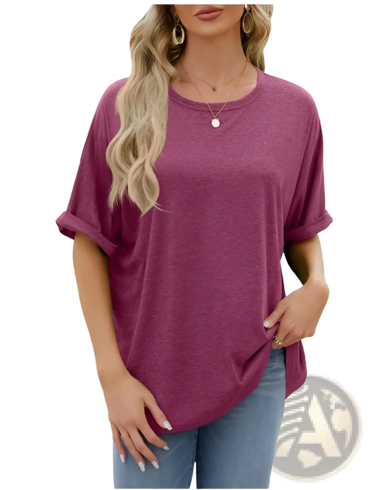 Women’s relaxed fit Korean minimalist cotton t-shirt in soft heathered purple with rolled-up sleeves and a relaxed fit