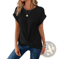 Black waffle-knit short sleeve top for women with a relaxed fit, round neckline, and front twist detail