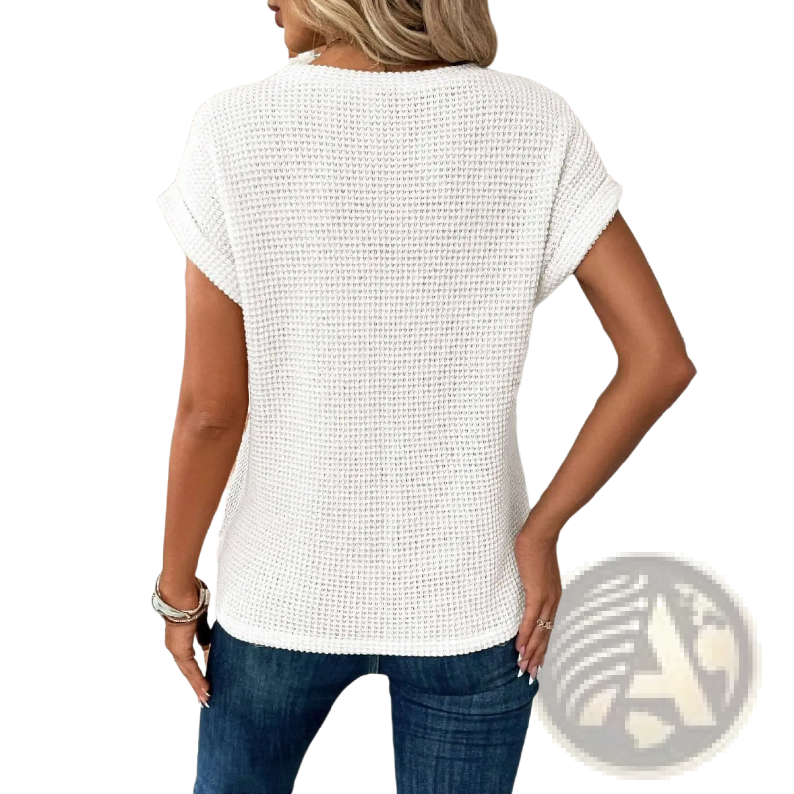 Women’s relaxed fit waffle knit short sleeve top in white with a rounded neckline and soft textured fabric