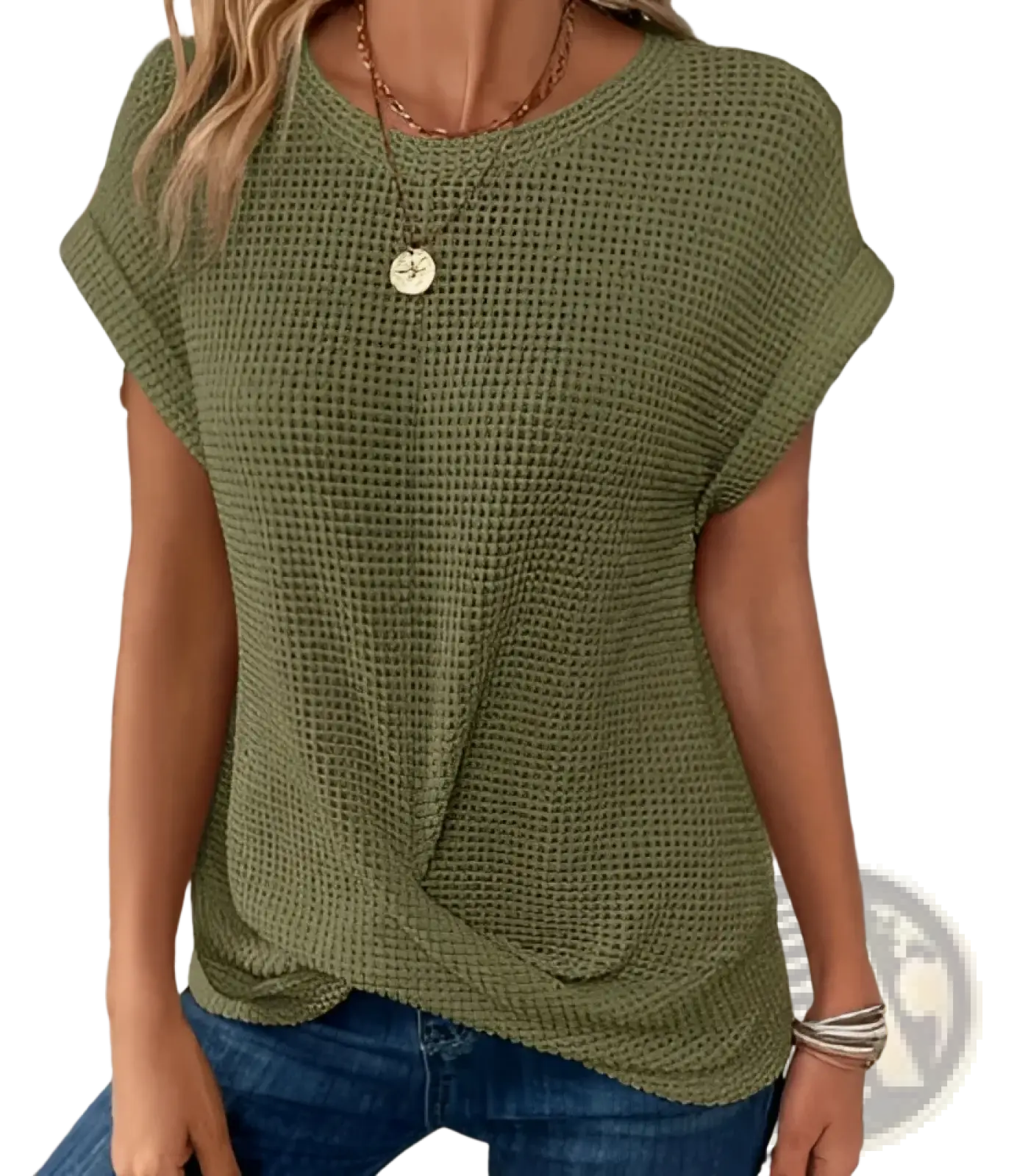 Women’s relaxed fit olive green waffle knit short sleeve top with a rounded neckline and soft textured fabric