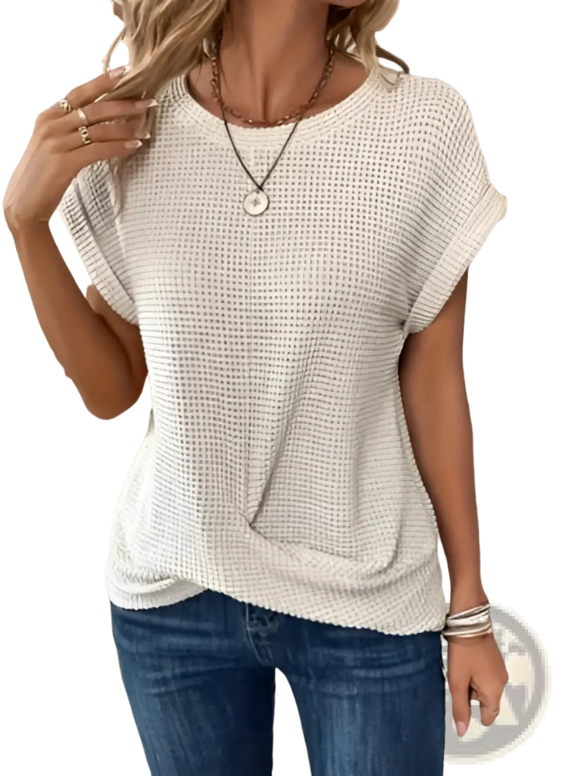 Beige waffle knit short sleeve top for women with relaxed fit and subtle front twist detail
