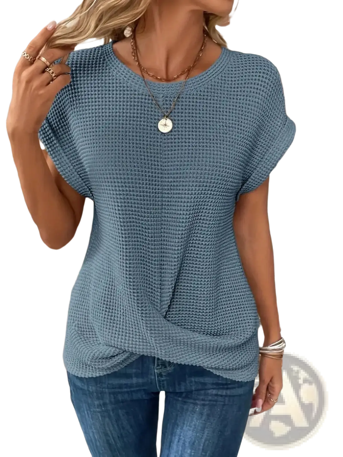 Women’s relaxed fit blue waffle-knit short sleeve top made of soft textured fabric for casual wear