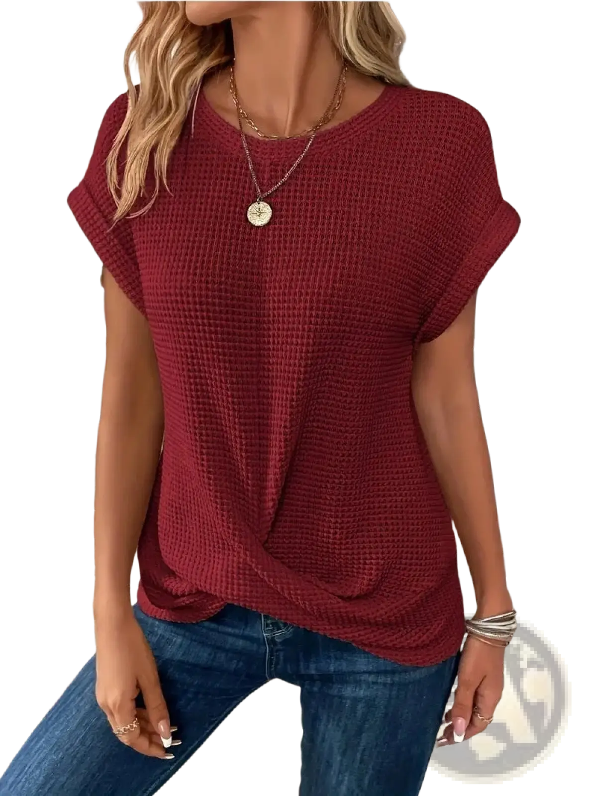 A maroon waffle knit short sleeve top for women with a relaxed fit and twisted front detail
