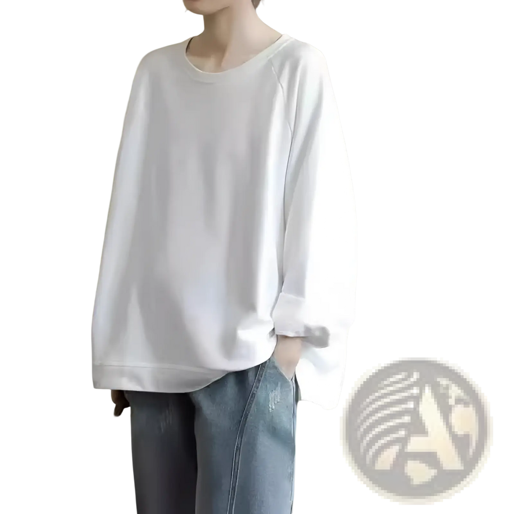 White oversized long-sleeved cotton blend pullover sweatshirt with relaxed fit and rolled-up cuffs for women