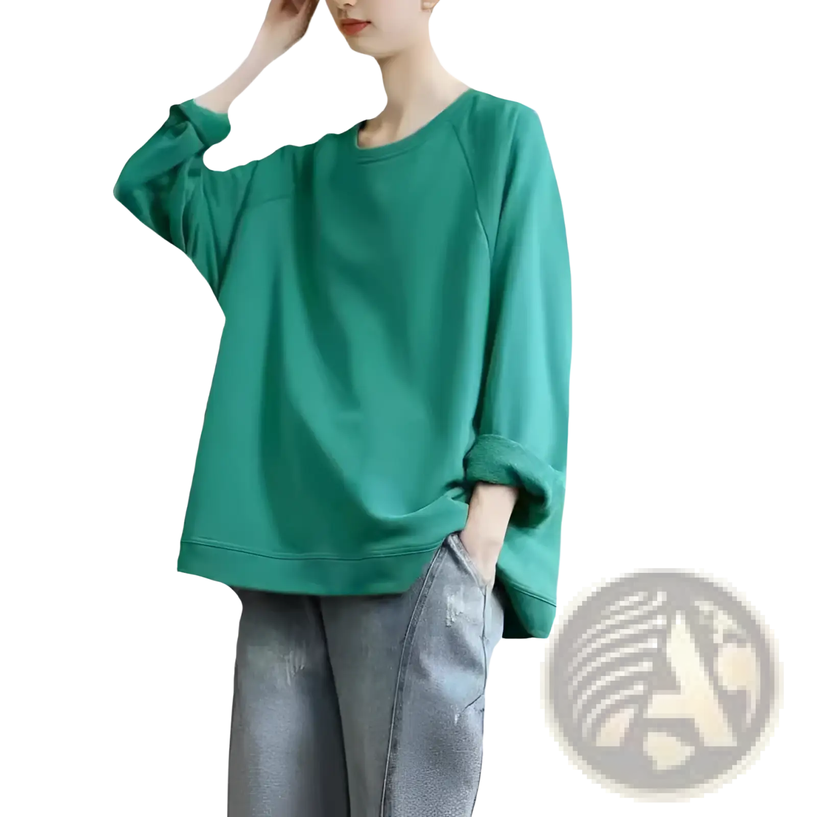 A soft teal-green women’s relaxed oversized cotton blend pullover sweatshirt with long sleeves and a relaxed fit