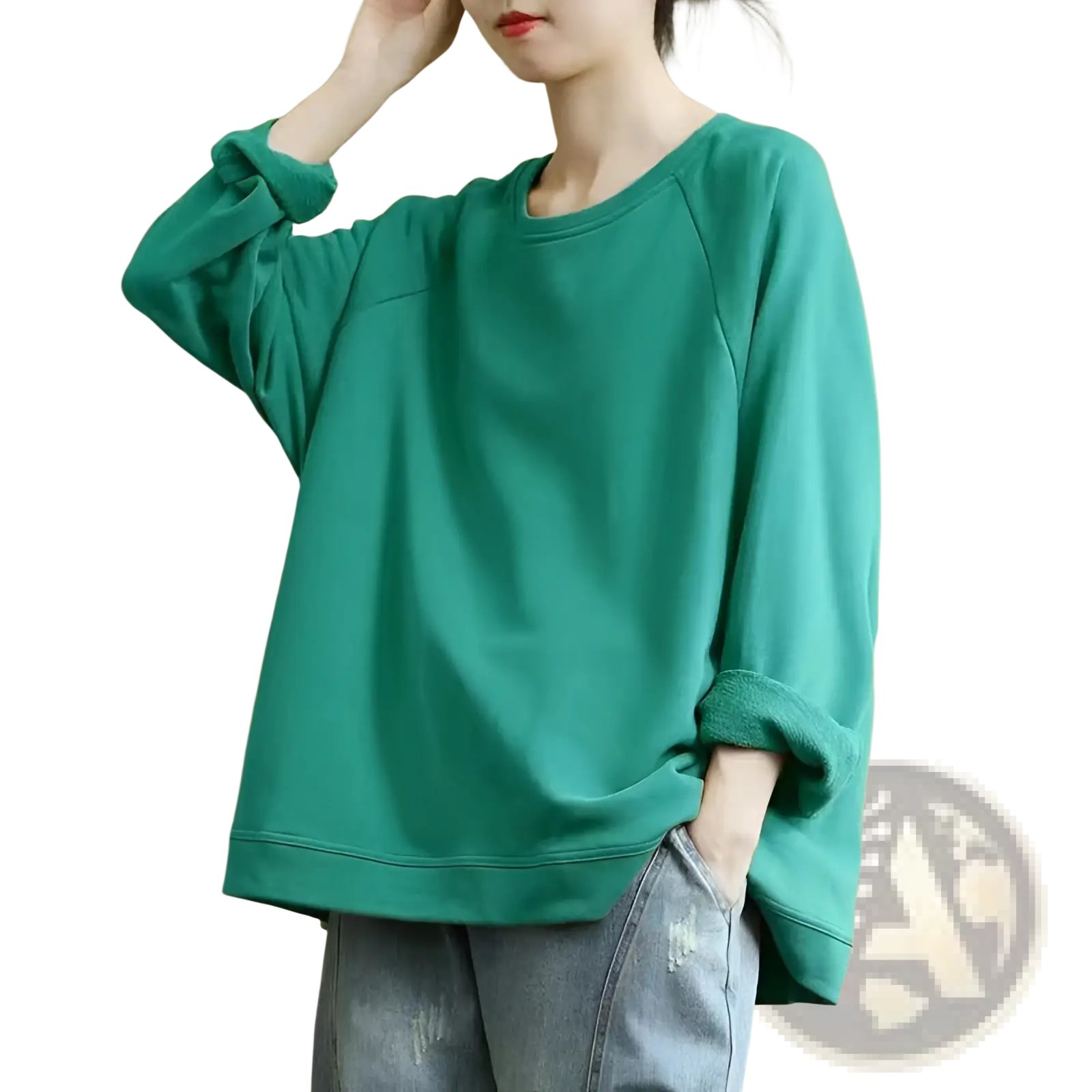 Women’s relaxed oversized cotton blend pullover sweatshirt in soft teal green with ribbed cuffs and relaxed fit