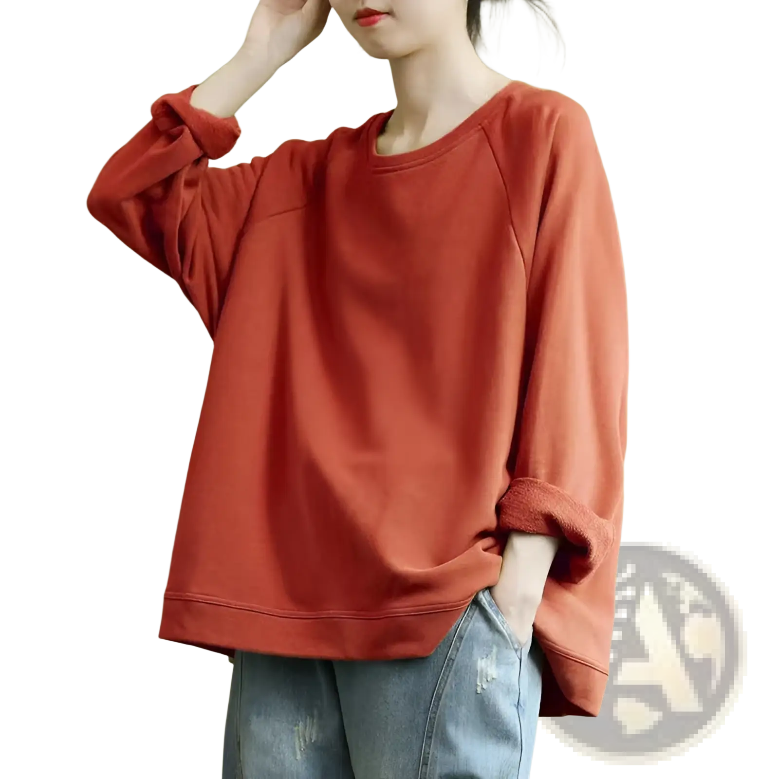 Women’s relaxed oversized cotton blend pullover sweatshirt in soft rust color with long sleeves and rolled up cuffs