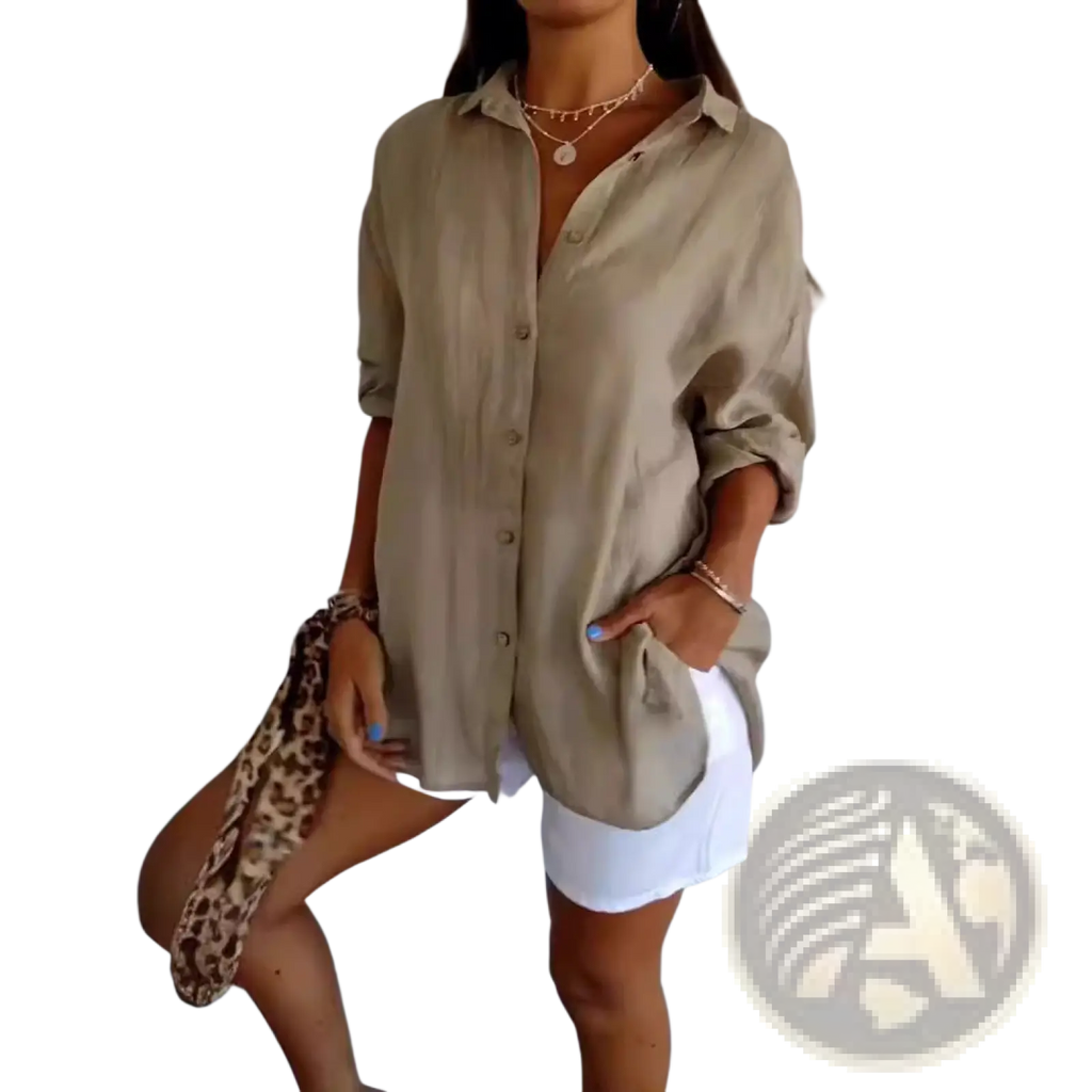 Beige oversized women’s relaxed pleated button up shirt with rolled sleeves and front pockets for casual wear