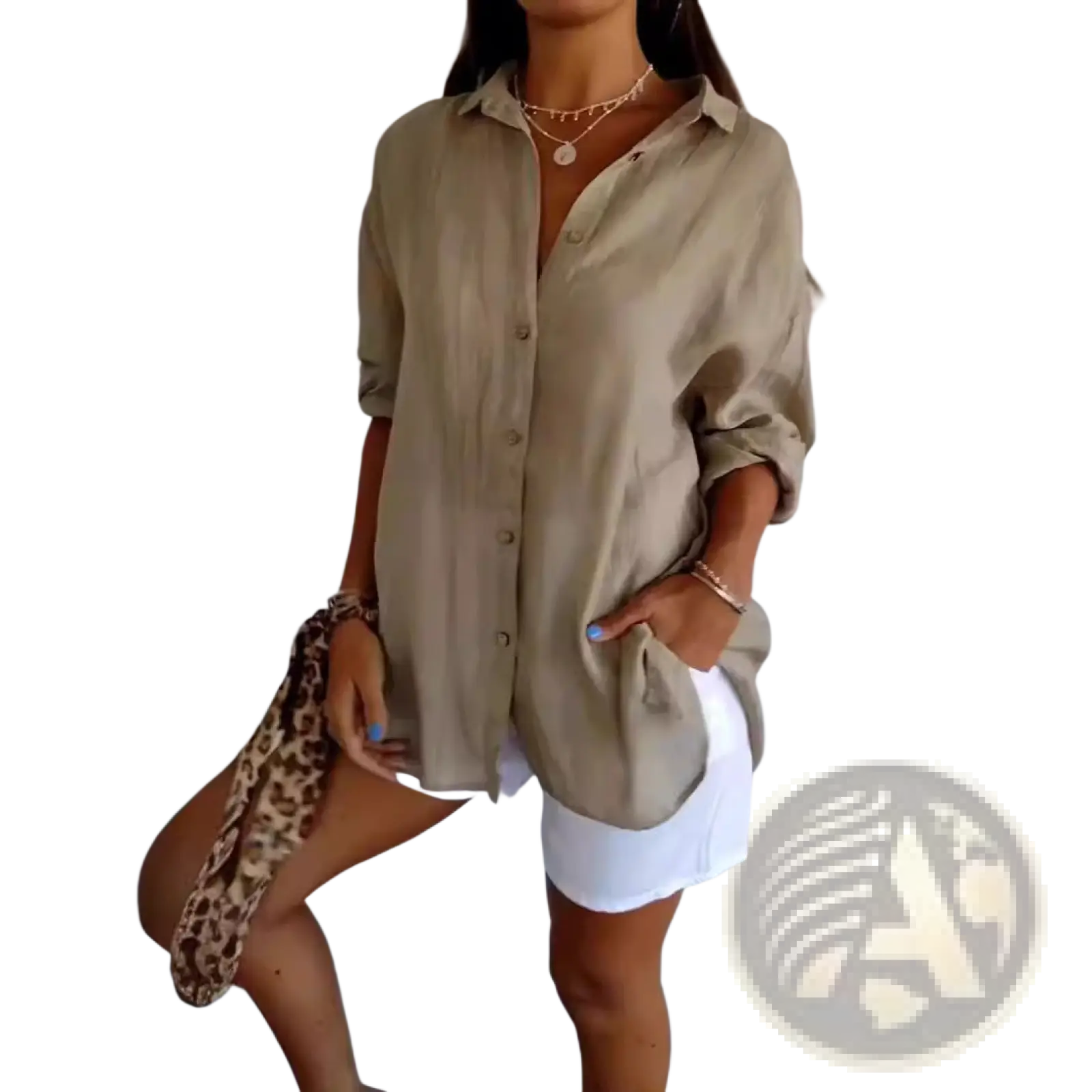 Beige oversized women’s relaxed pleated button up shirt with rolled sleeves and front pockets for casual wear