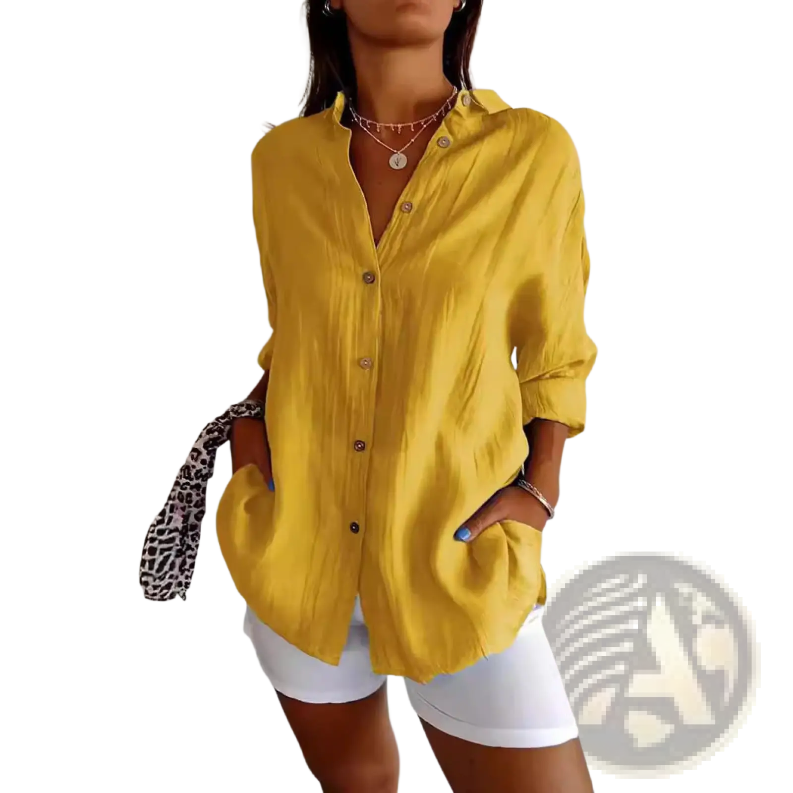 Yellow relaxed pleated button-up shirt for women with rolled sleeves made from lightweight fabric for casual wear