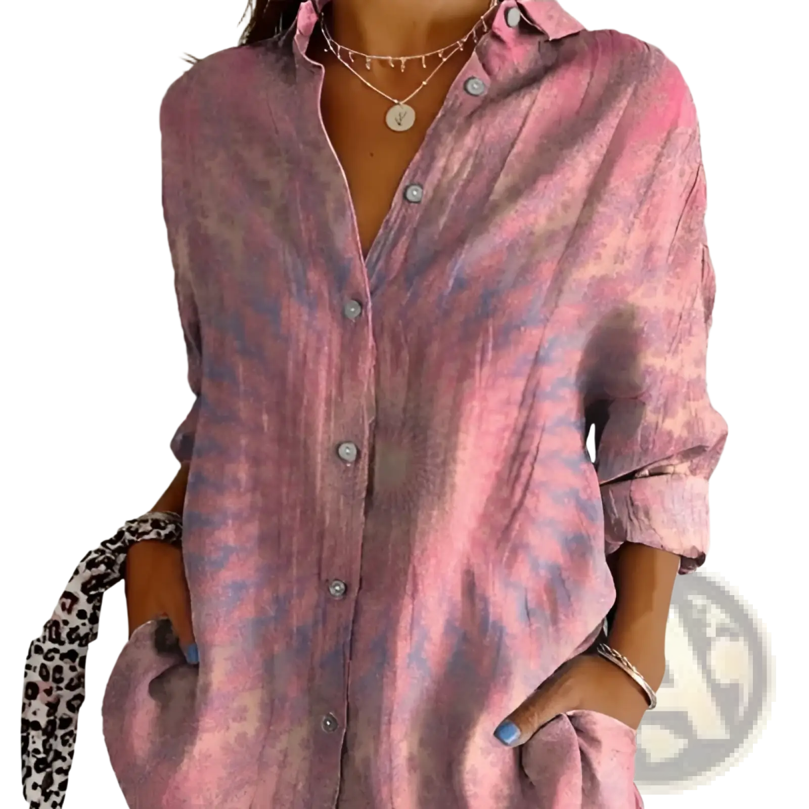 Women’s relaxed pleated button up shirt in pink and purple tie-dye with rolled sleeves for casual wear