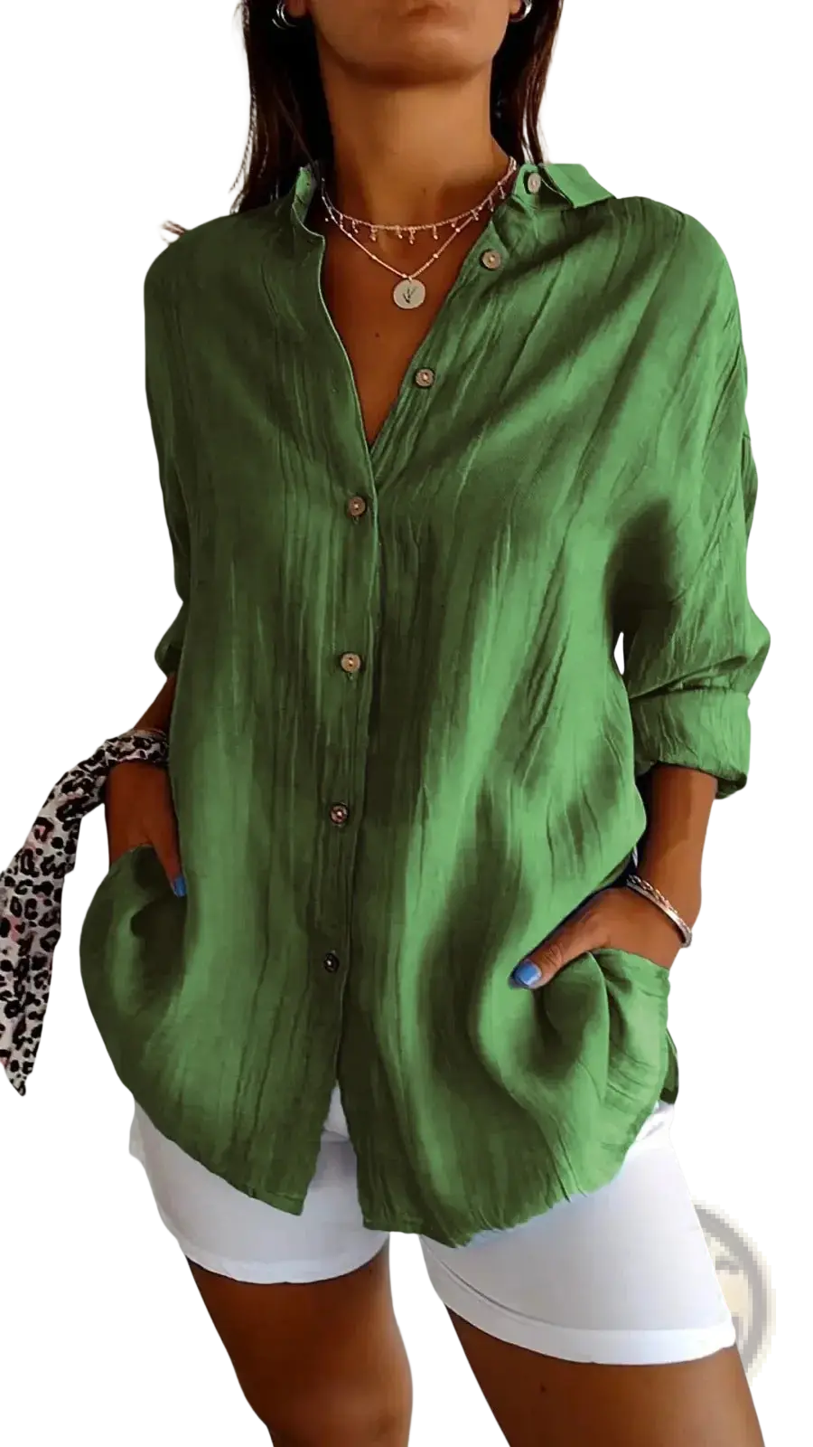 Women’s relaxed pleated green button up shirt made of lightweight fabric with rolled sleeves for casual comfort