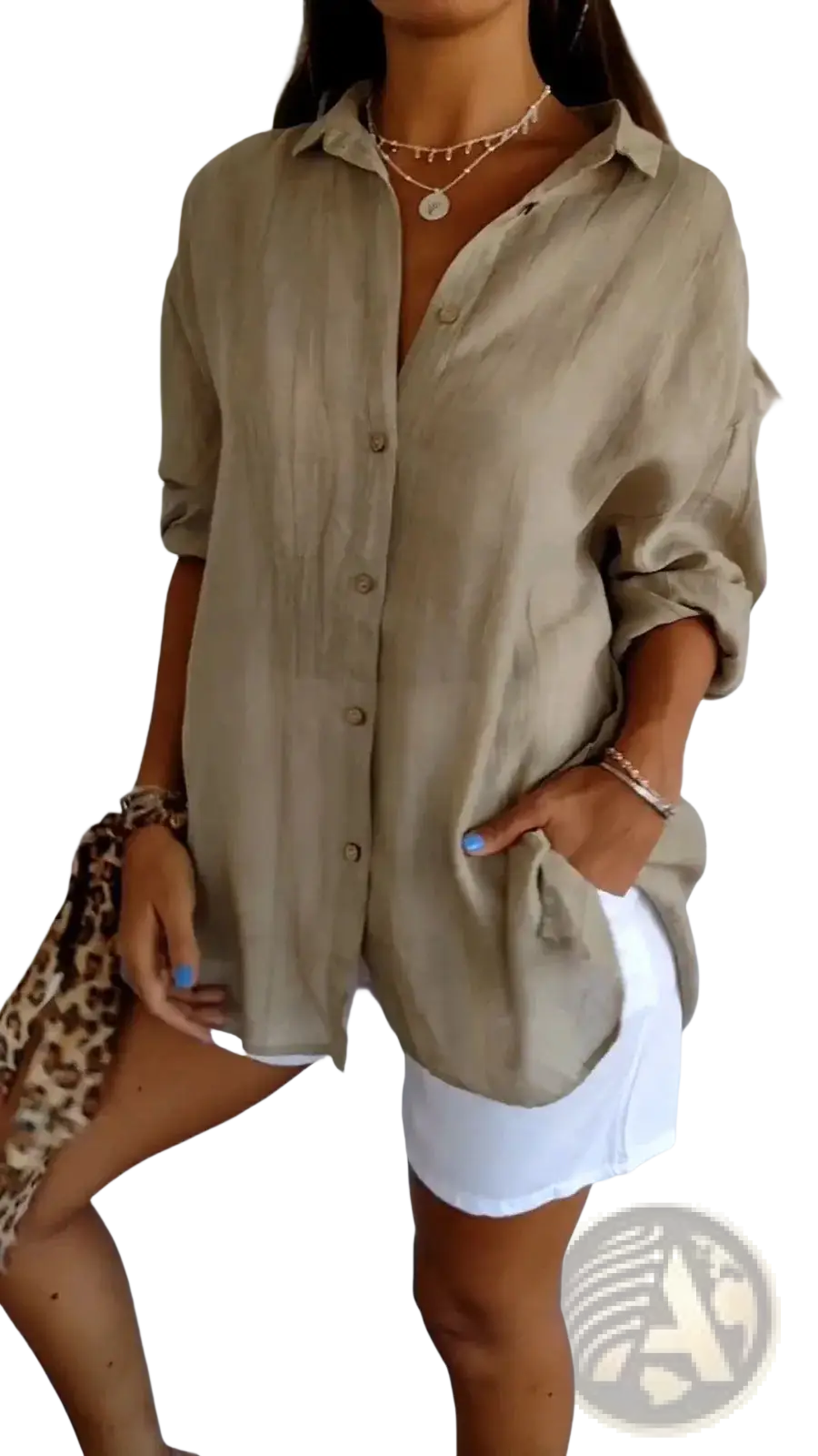 Women’s relaxed pleated button up shirt in olive green linen with rolled sleeves and a classic collar