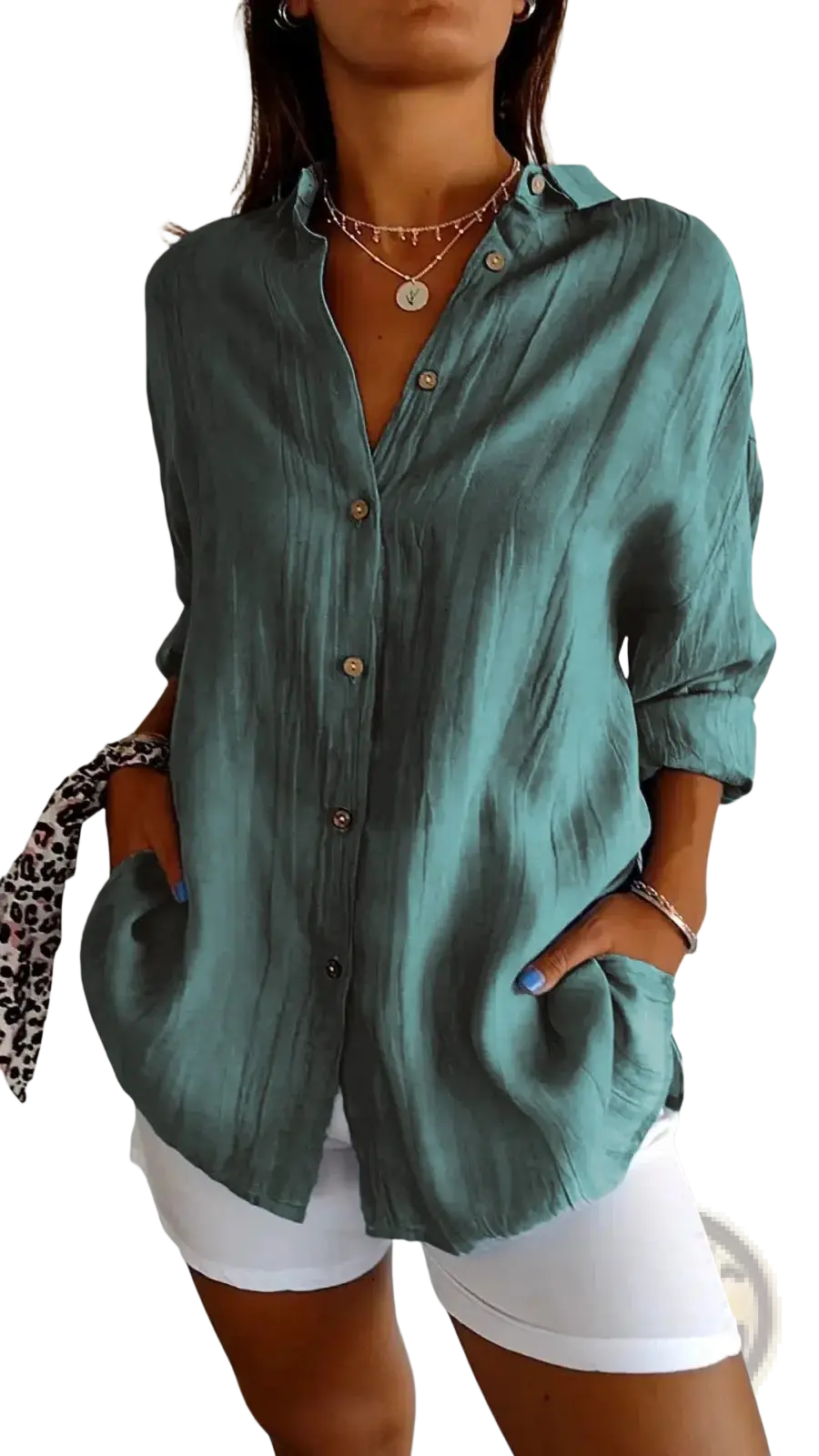Teal linen women’s relaxed pleated button up shirt with rolled sleeves and front pockets for casual wear