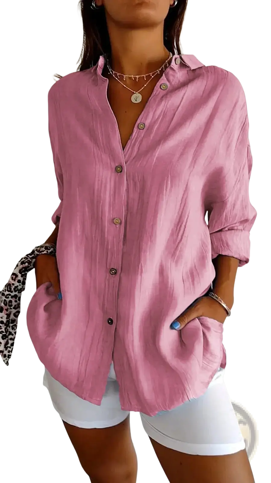 Women’s relaxed fit pink button up shirt with pleats and rolled sleeves ideal for casual wear