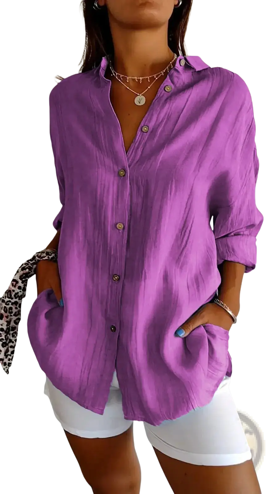 Women’s relaxed pleated button up shirt in vibrant purple with a relaxed fit and rolled sleeves