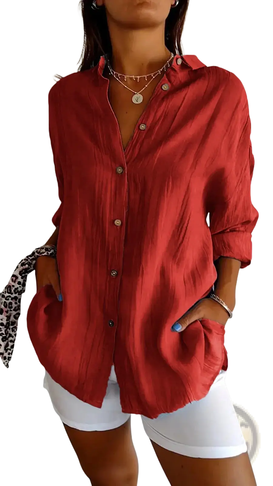 Women’s relaxed pleated red textured button up shirt with rolled sleeves and leopard-print tie at the waist