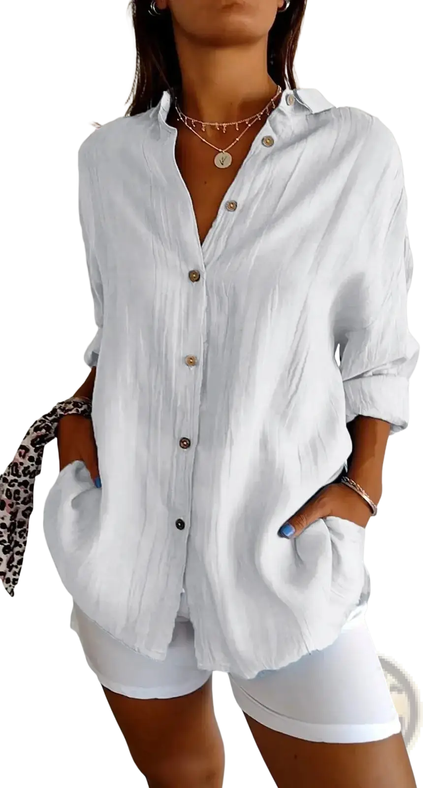White women’s relaxed pleated button up shirt with rolled sleeves and subtle textured fabric in loose fit