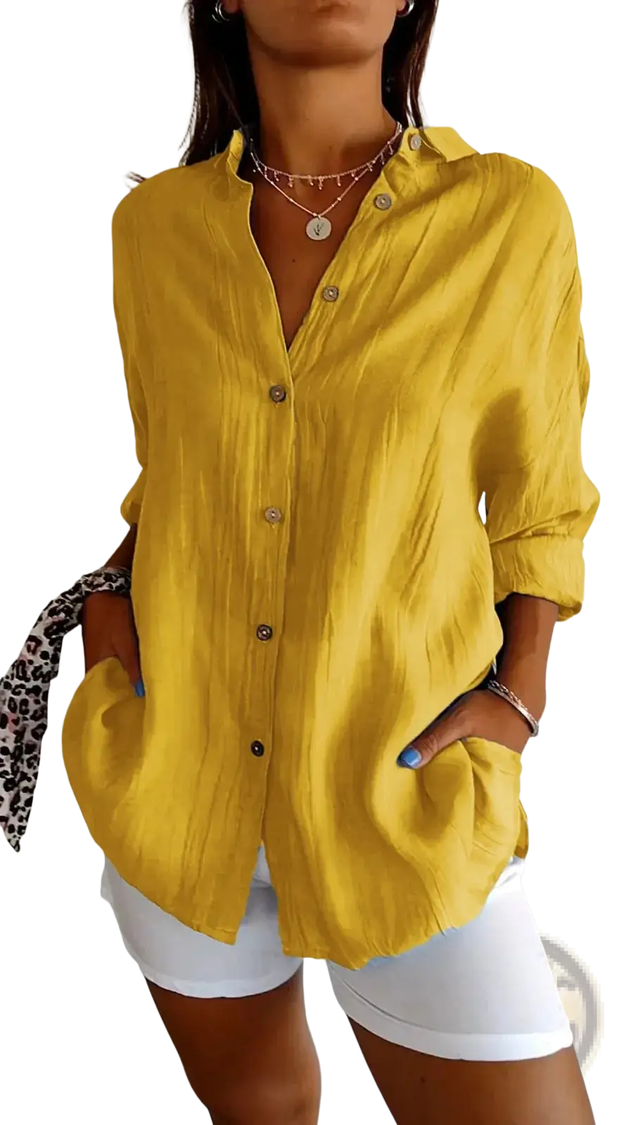 Yellow women’s relaxed fit pleated button-up shirt with rolled sleeves made from lightweight fabric