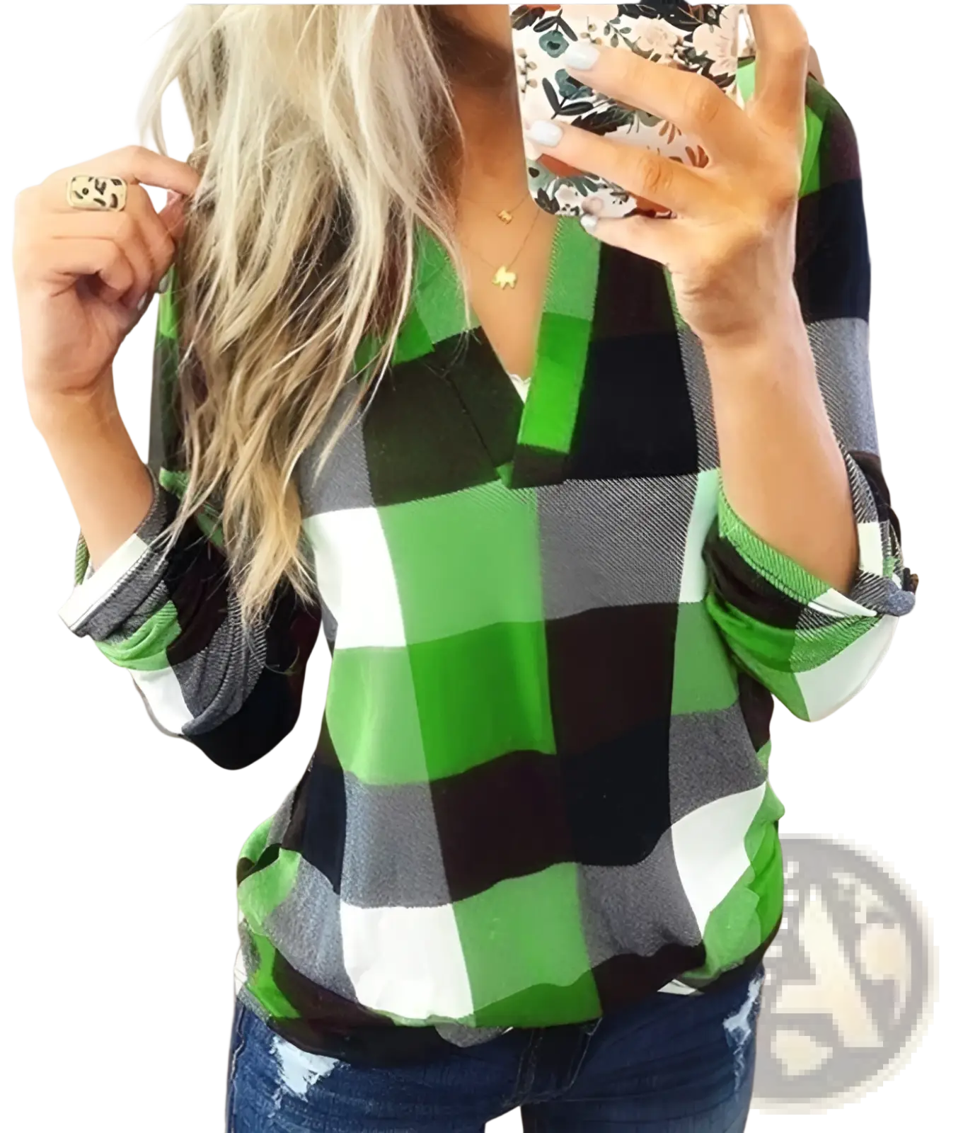 Women’s relaxed v neck plaid flannel tunic top in green black and white with long sleeves and rolled-up cuffs