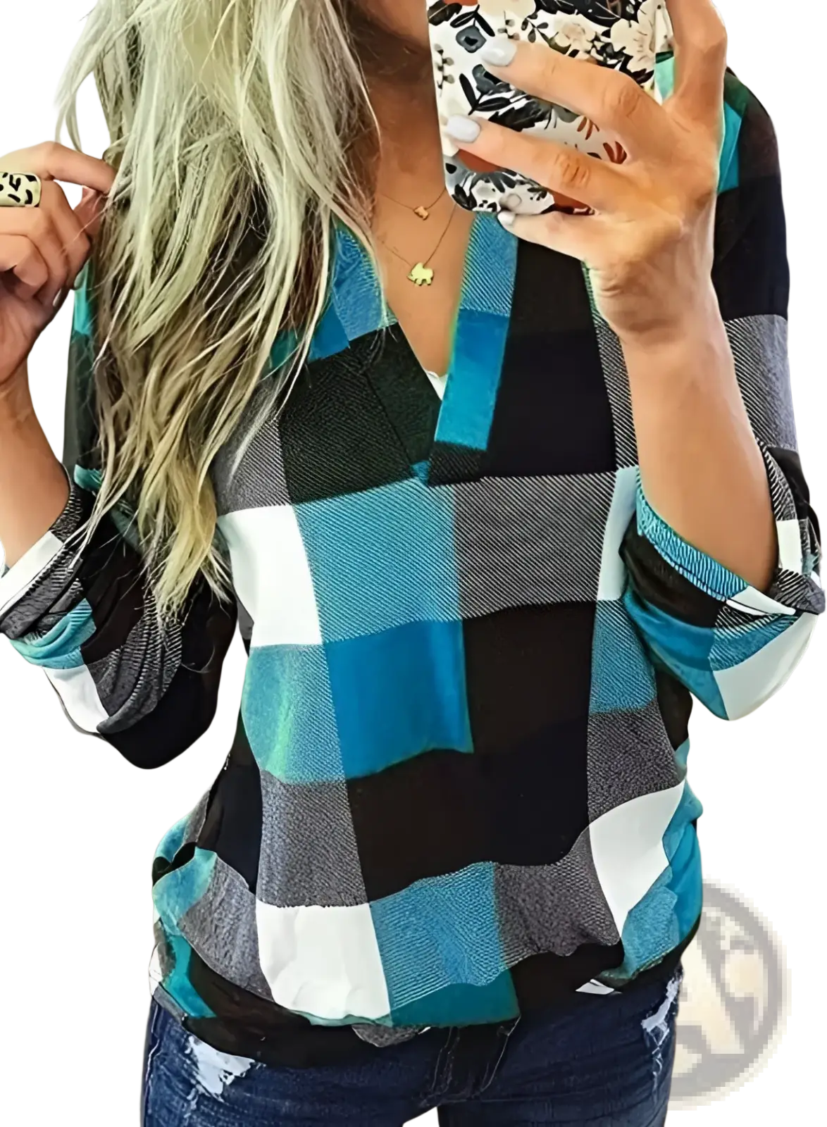 Women’s relaxed v neck plaid flannel tunic top featuring a cozy long-sleeved bold teal black white gray pattern