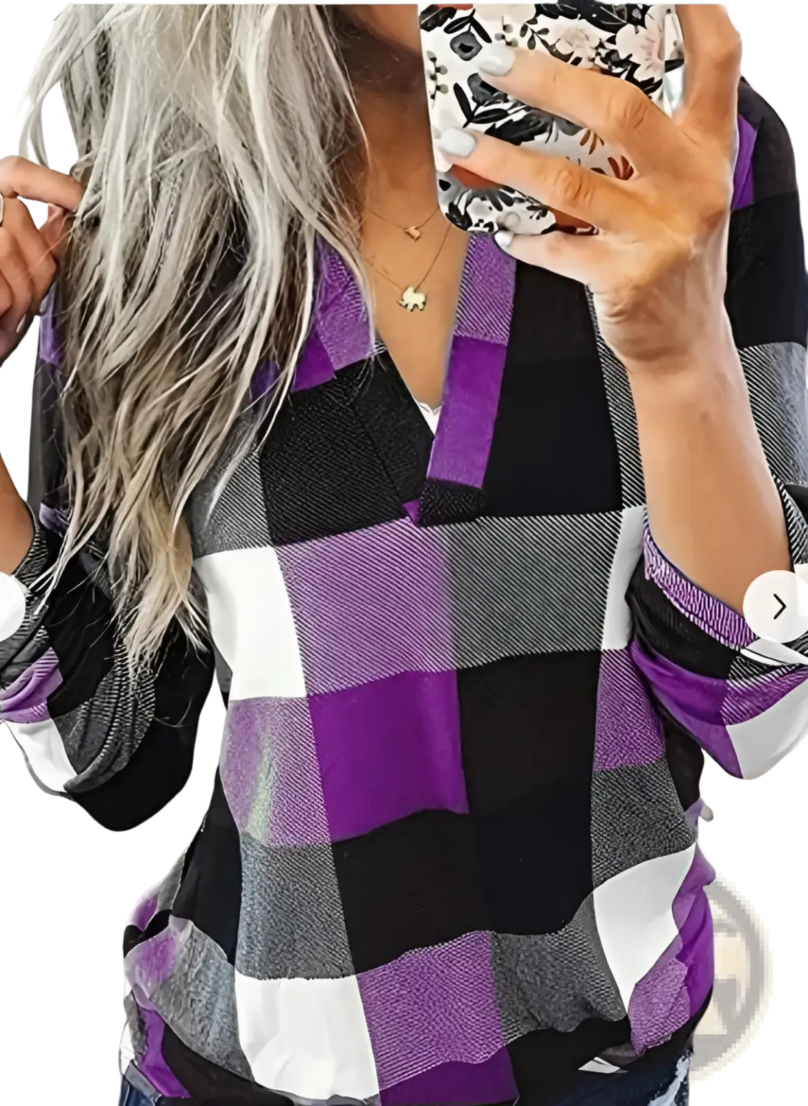 Women’s relaxed v neck plaid flannel tunic top in cozy purple black and white with long sleeves and v-neckline