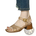 Beige leather women’s retro French mid heel sandals with gold-tone buckle, decorative studs, and chunky wooden heel