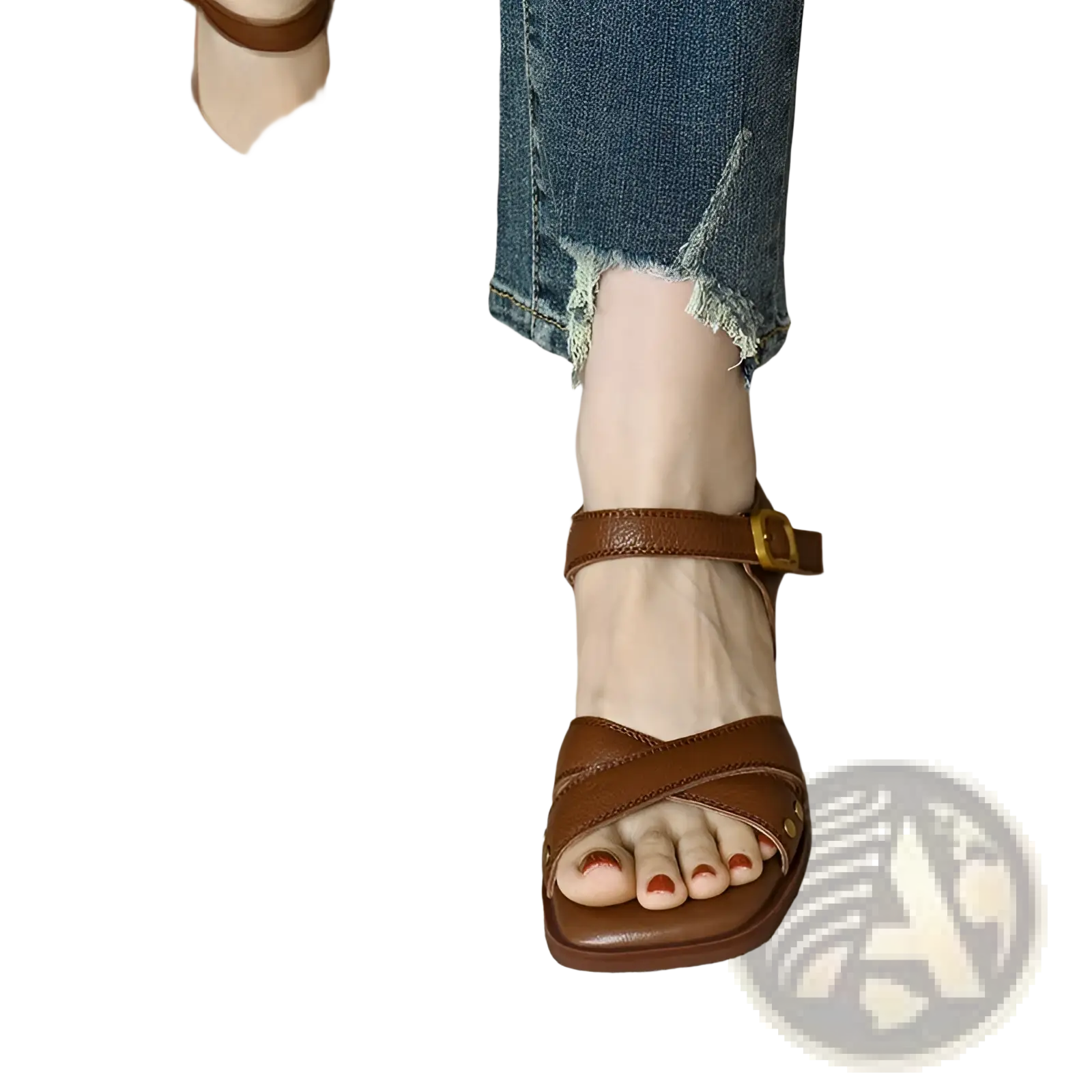 Women’s retro French leather mid heel sandals in brown with a cross-strap design and gold-toned buckle
