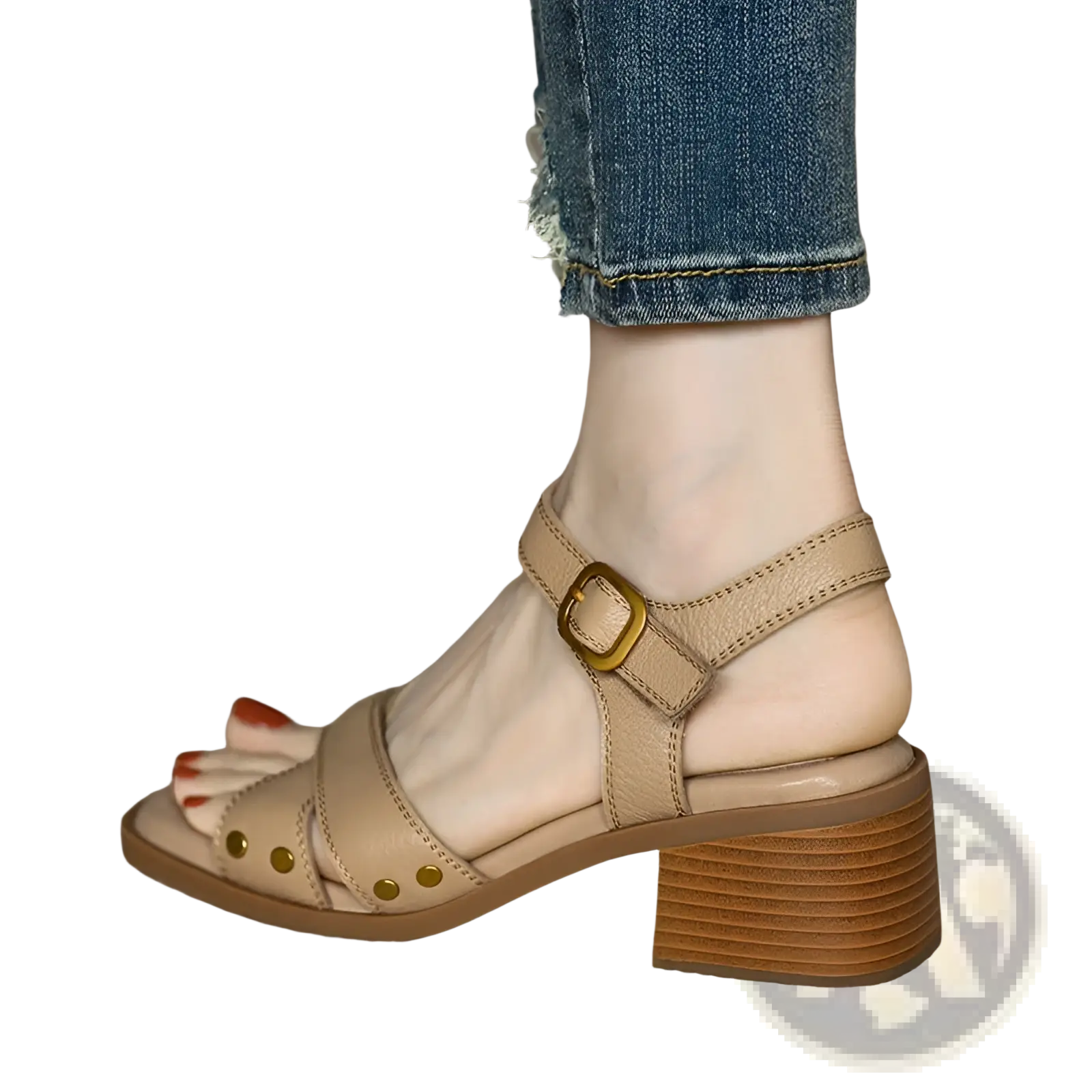 Beige leather women’s retro French mid heel sandals with gold buckle, decorative studs, and stacked wooden heel