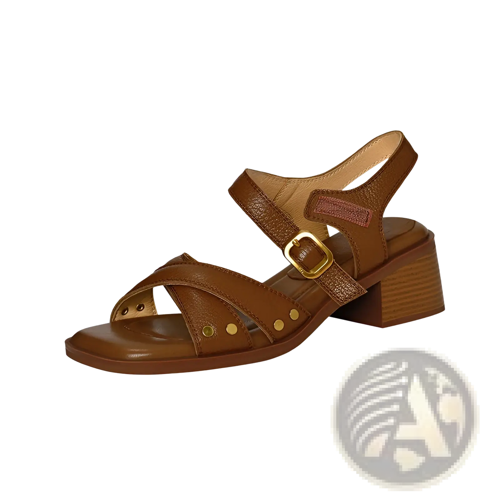 Brown leather women’s retro french mid heel sandal with chunky block heel gold-tone buckle and decorative studs