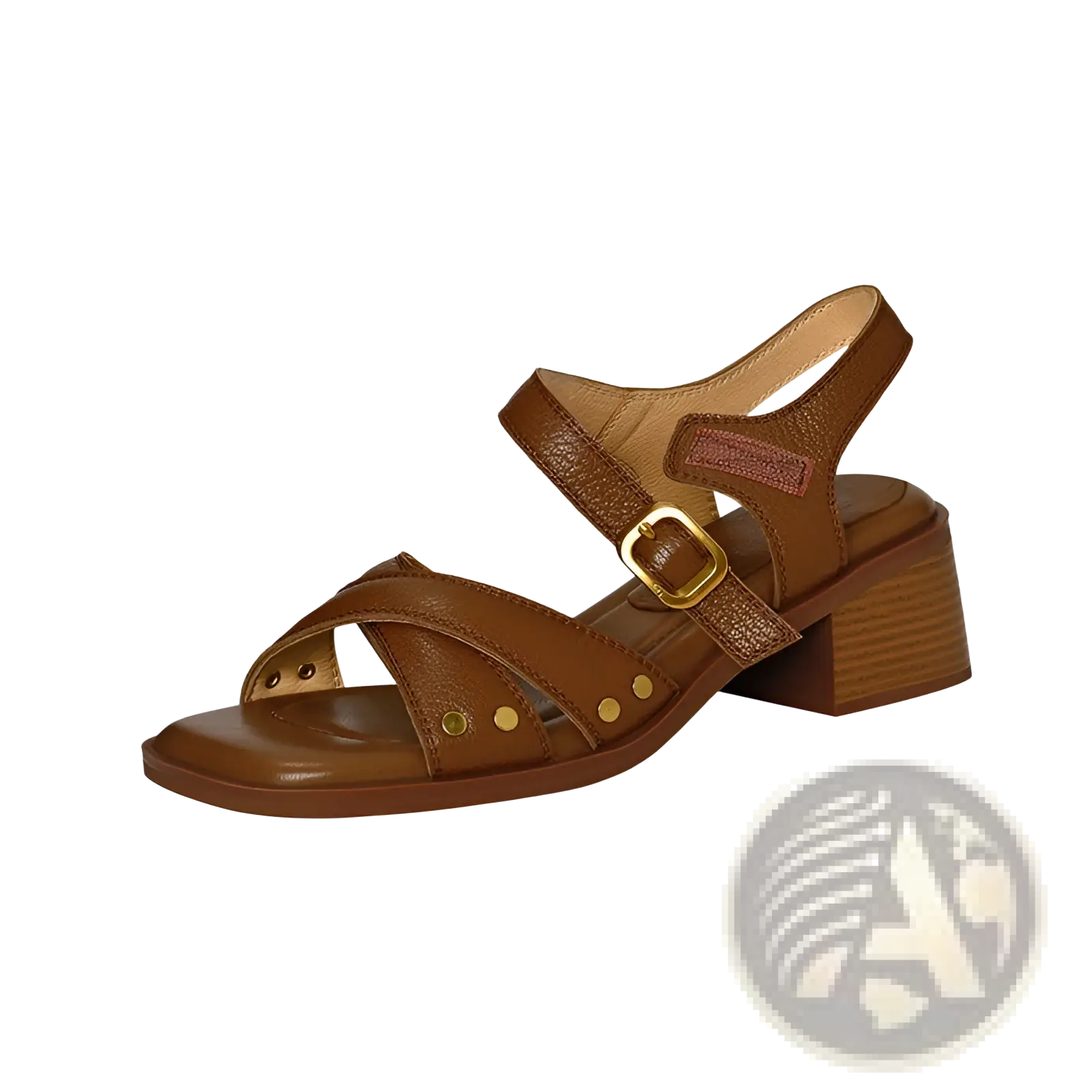 Brown leather women’s retro french mid heel sandal with chunky block heel gold-tone buckle and decorative studs