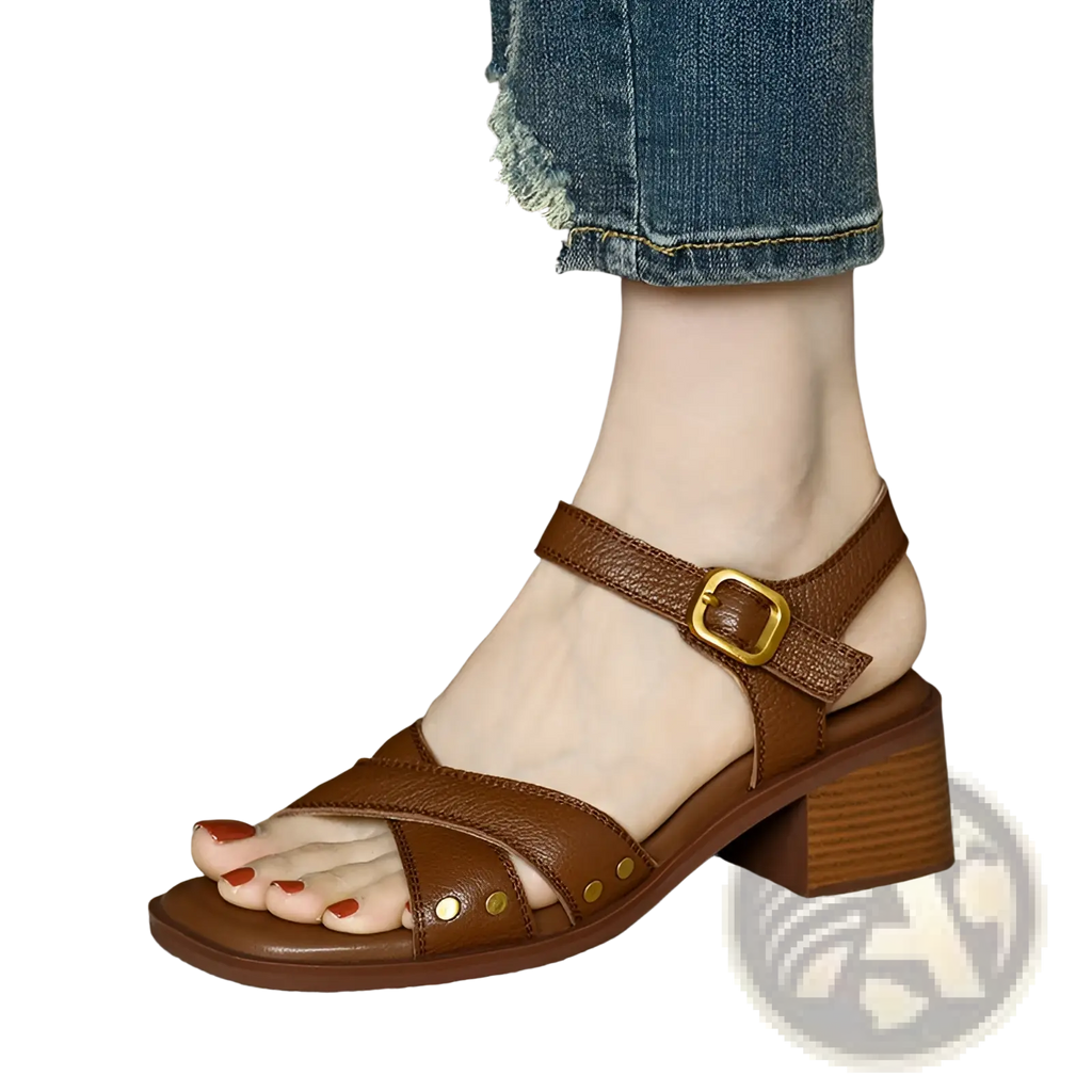 Brown leather women’s retro french mid heel sandals with gold toned buckle and decorative studs