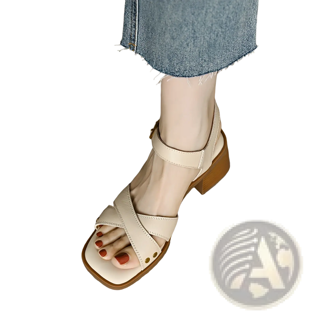 Cream-colored leather women’s retro french mid heel sandals with square toe and block heel